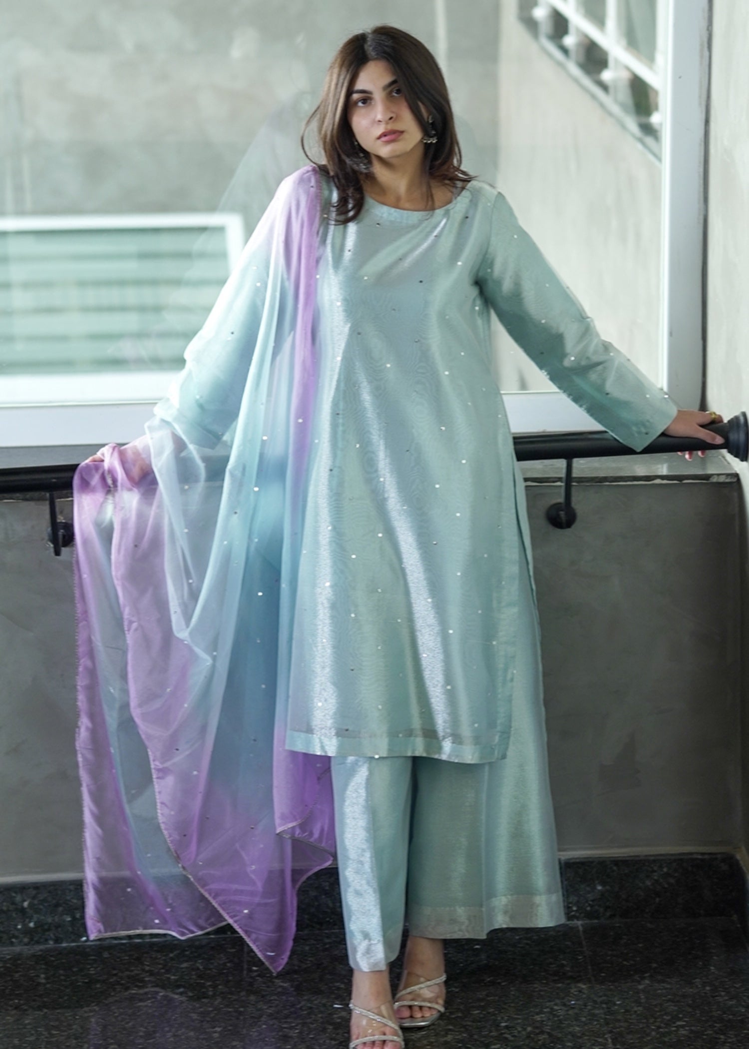 zari tissue Kurta Set in Ice blue