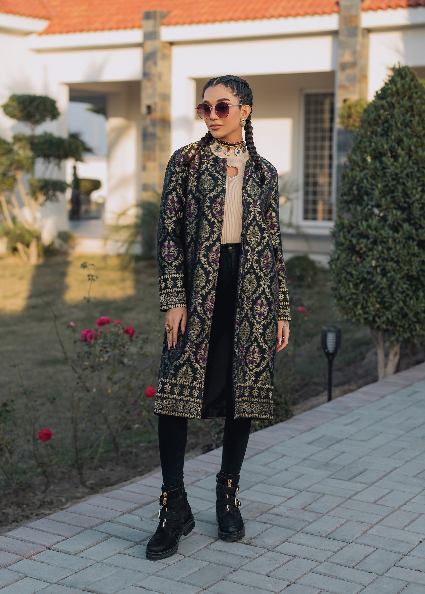 slub khaddar Jacket in Black