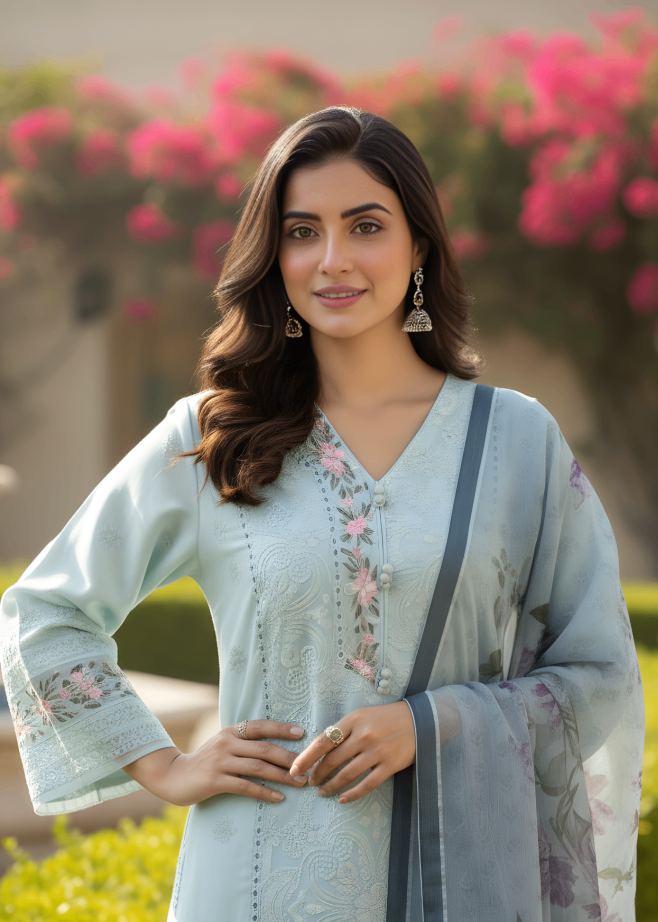 organza zari jacquard Kurta Set in Sky blue