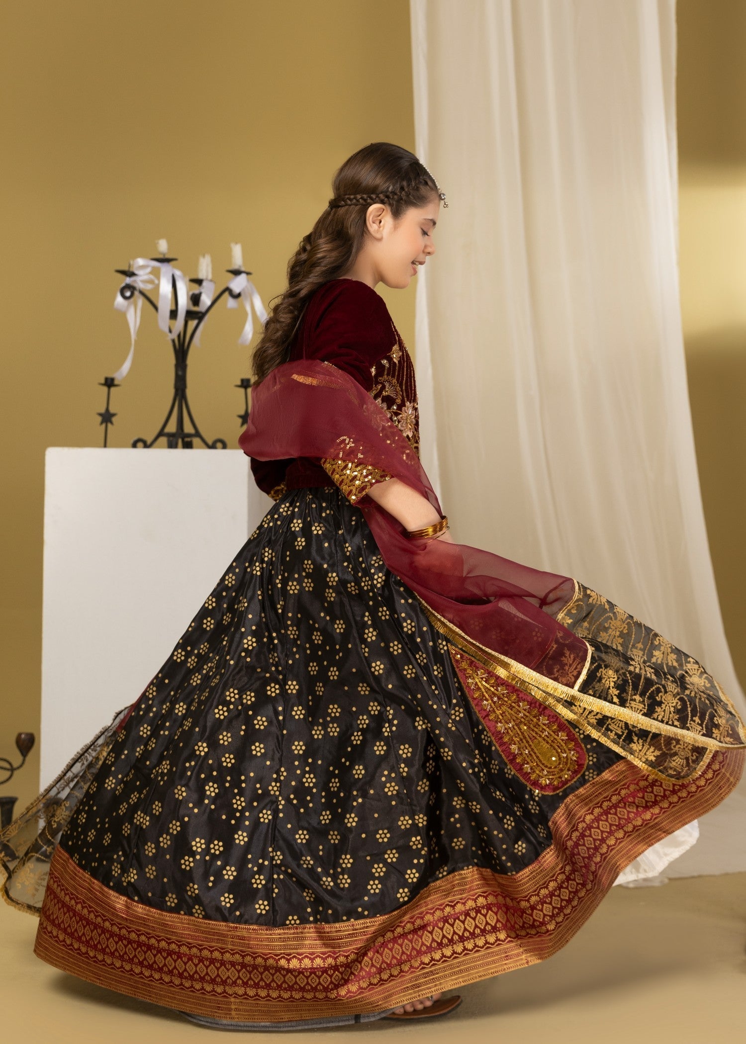 velvet Lehenga in Maroon, black