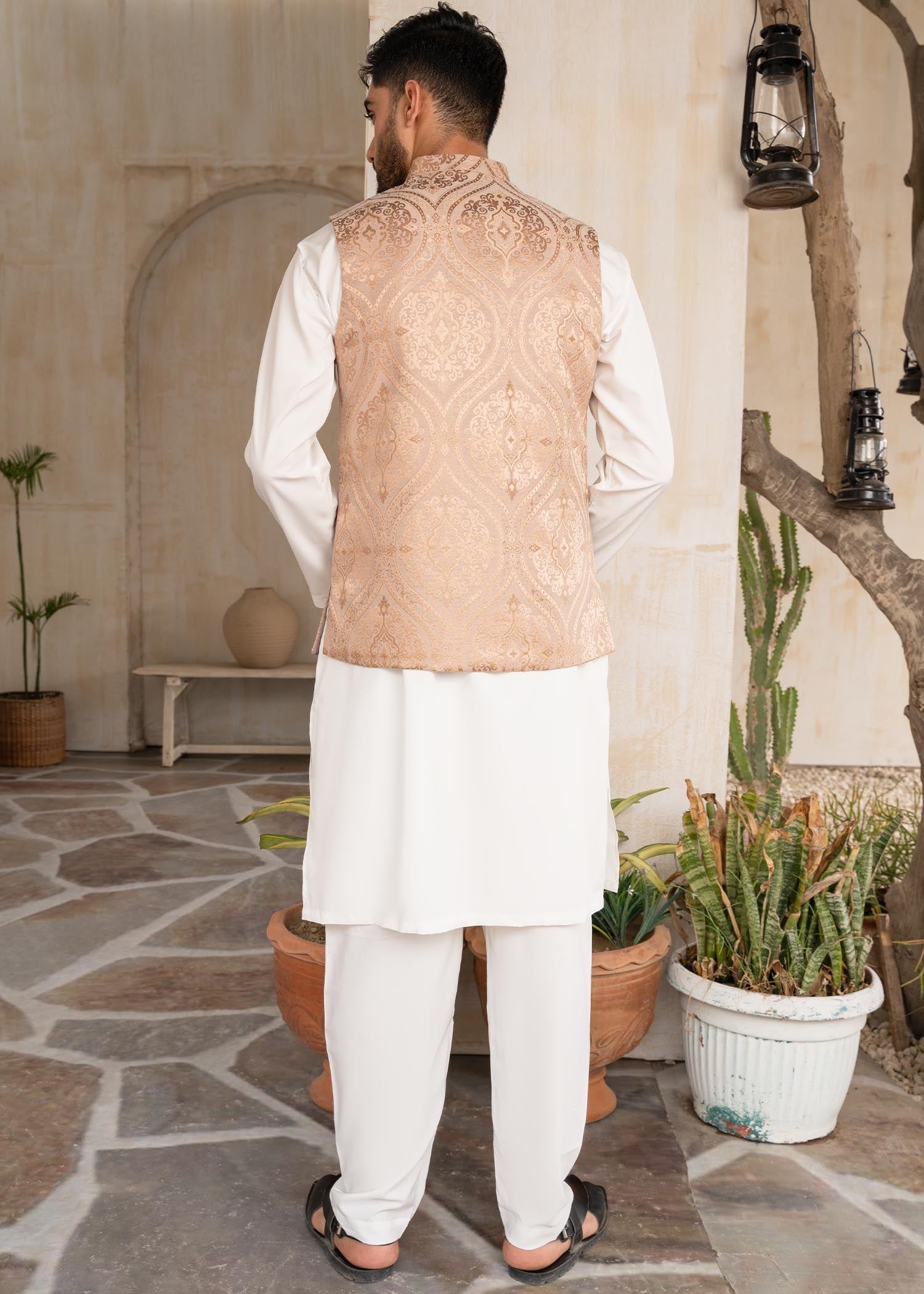 banarasi jacquard Waistcoat in Peach pink