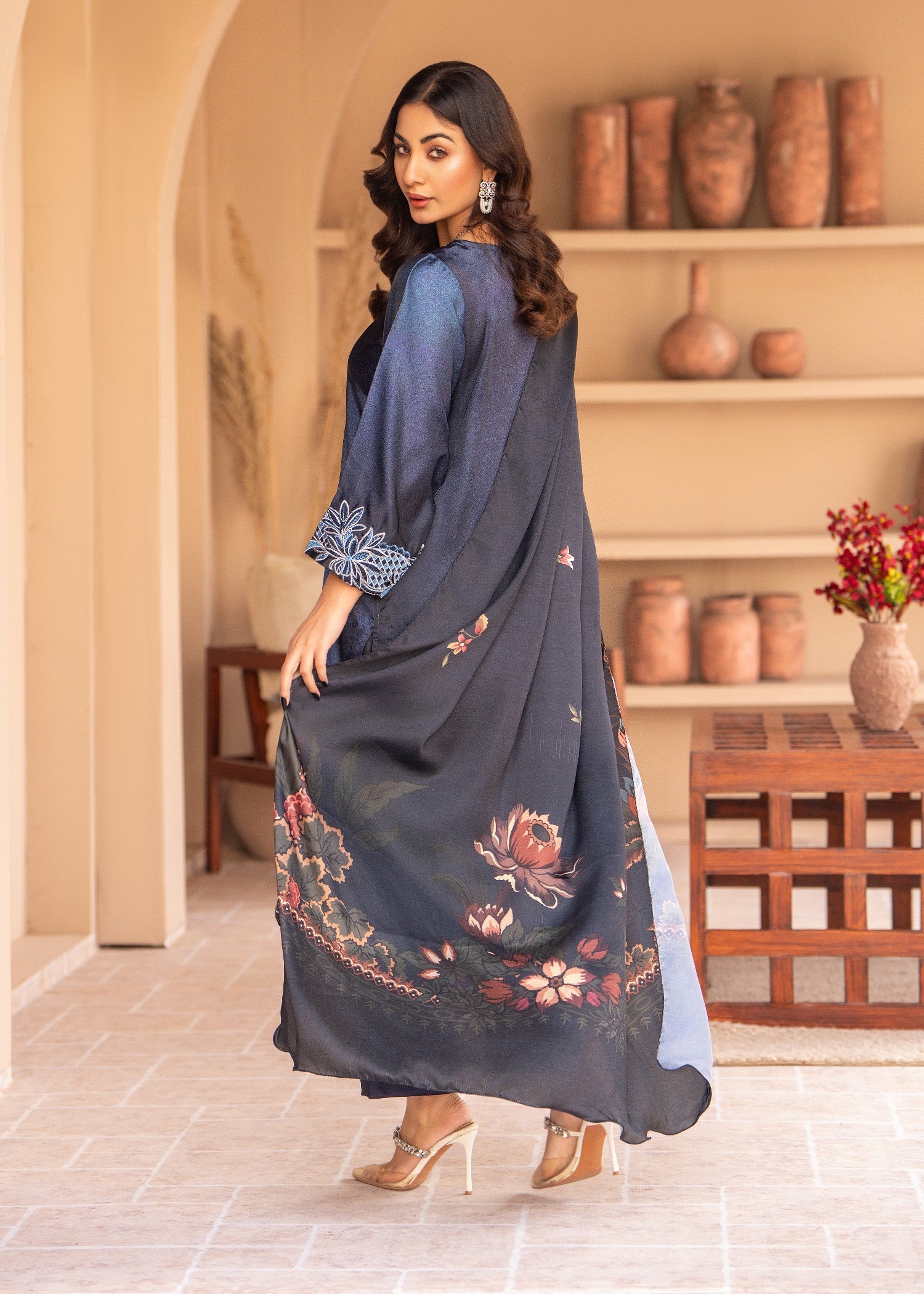 silk Kurta Set in Steel blue