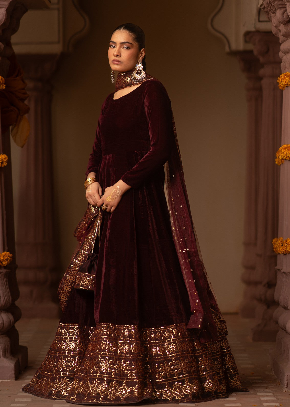 velvet Pishwas in Maroon