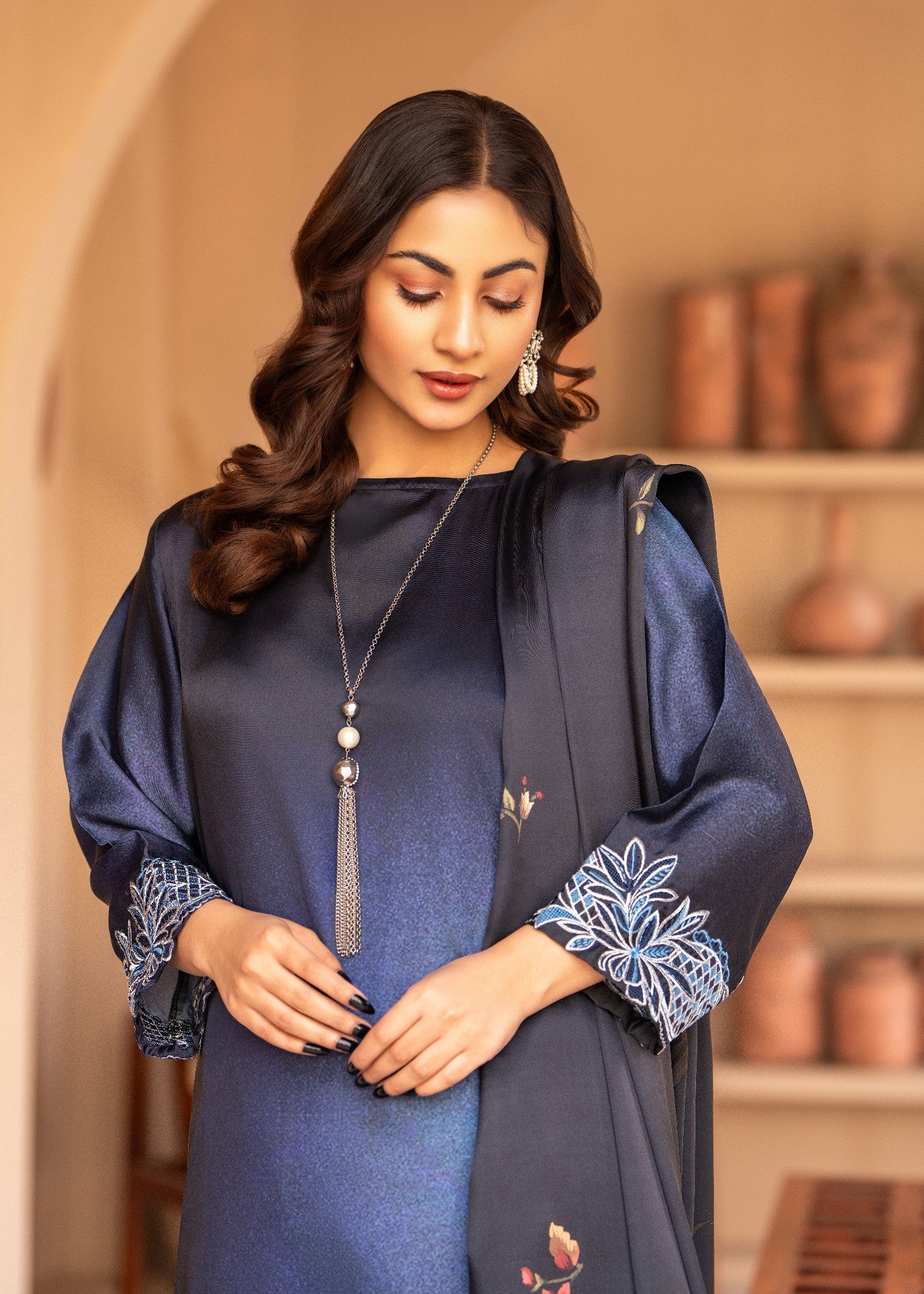 silk Kurta Set in Steel blue