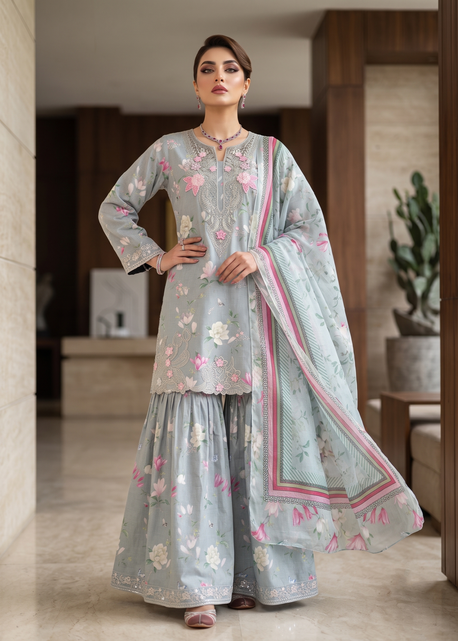 lawn Gharara in Ash grey