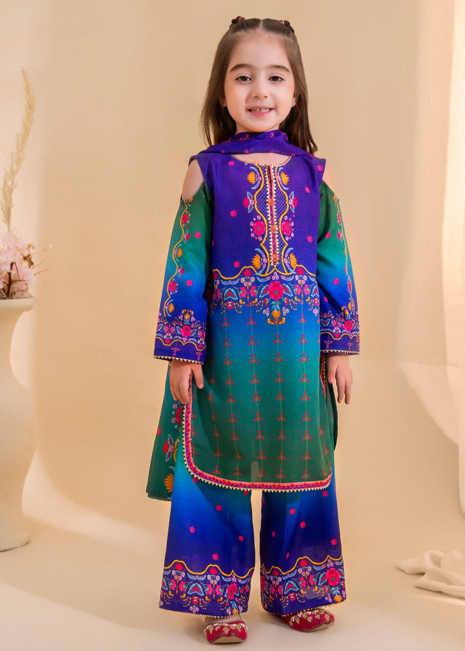 poly lawn Kurta Set in Blue, green