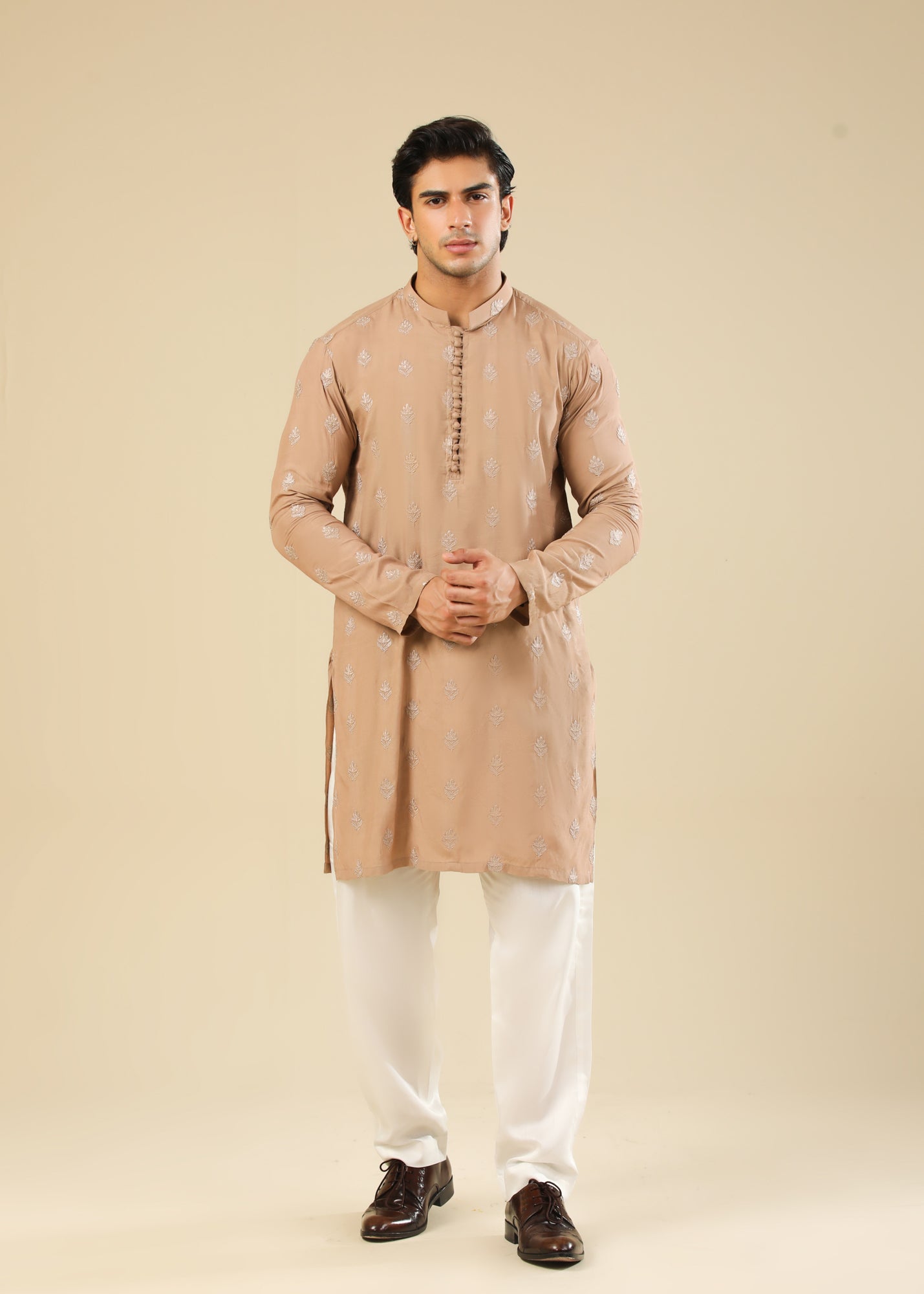 raw silk Kurta Set in White, peach orange by Muraqsh