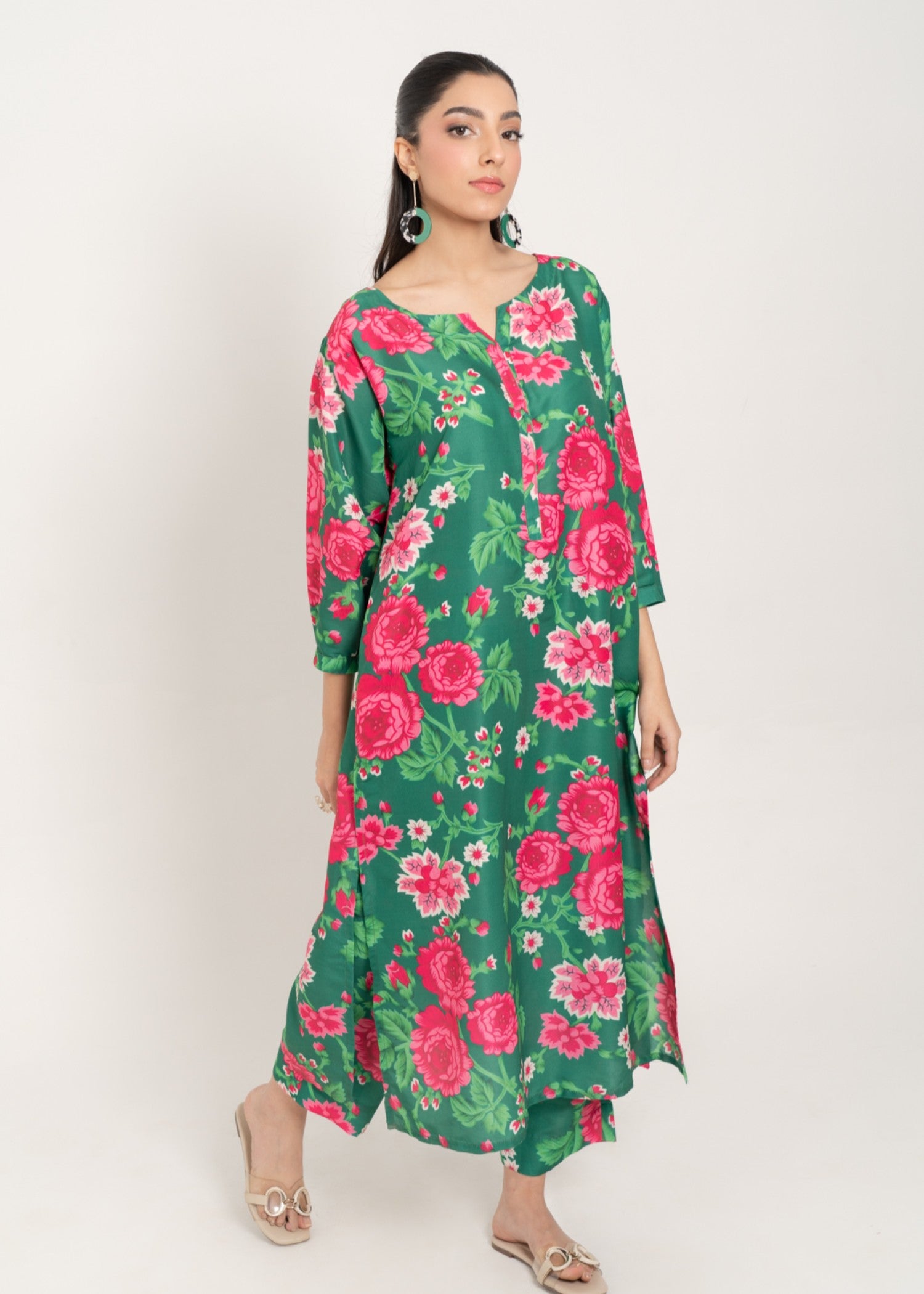 silk finish lawn Co Ord Sets in Green