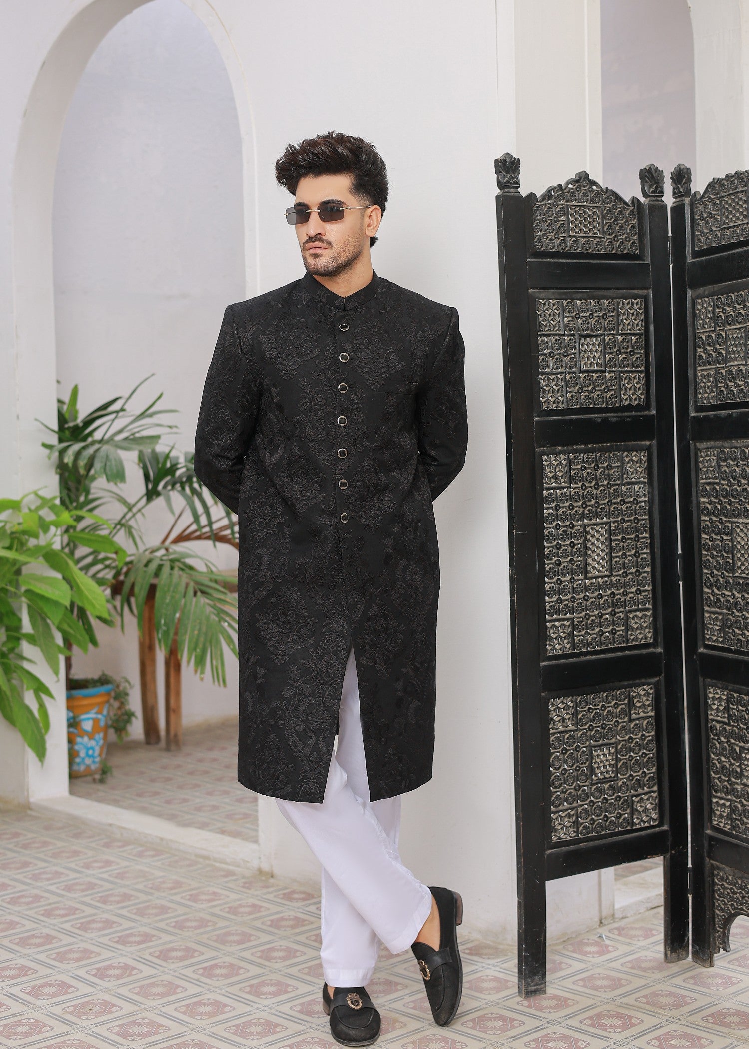 indian raw silk Sherwani in Black