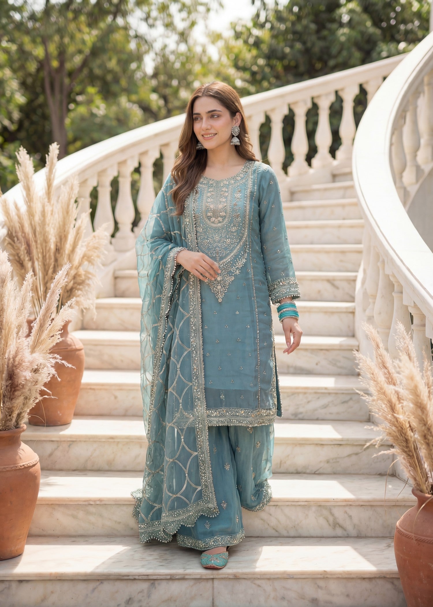 organza Gharara in Steel blue