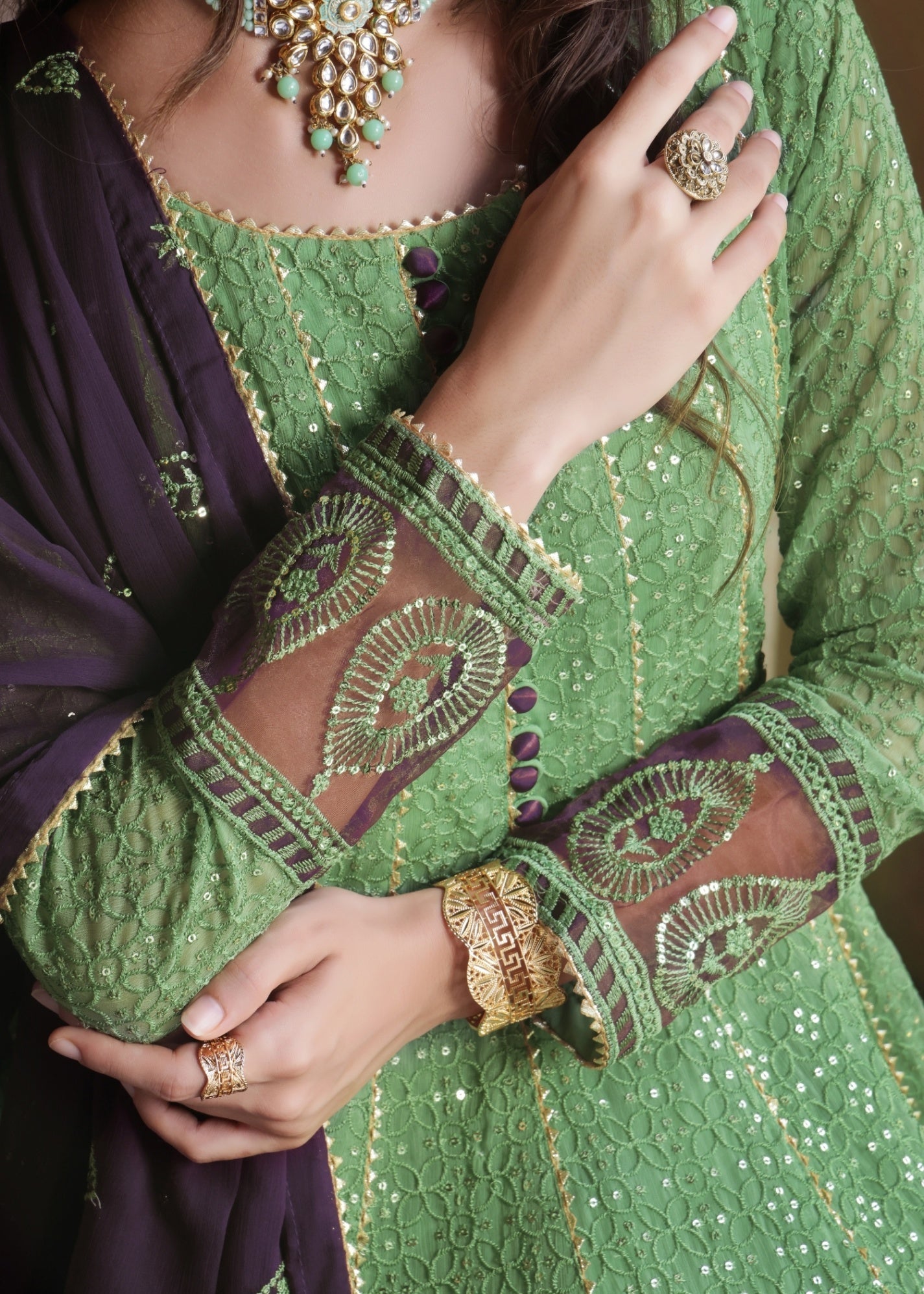 chiffon Pishwas in Pistachio green