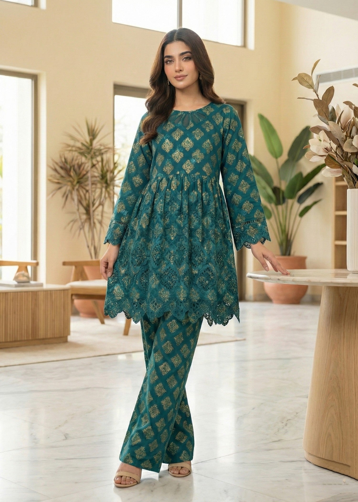 lawn Short Frock in Teal