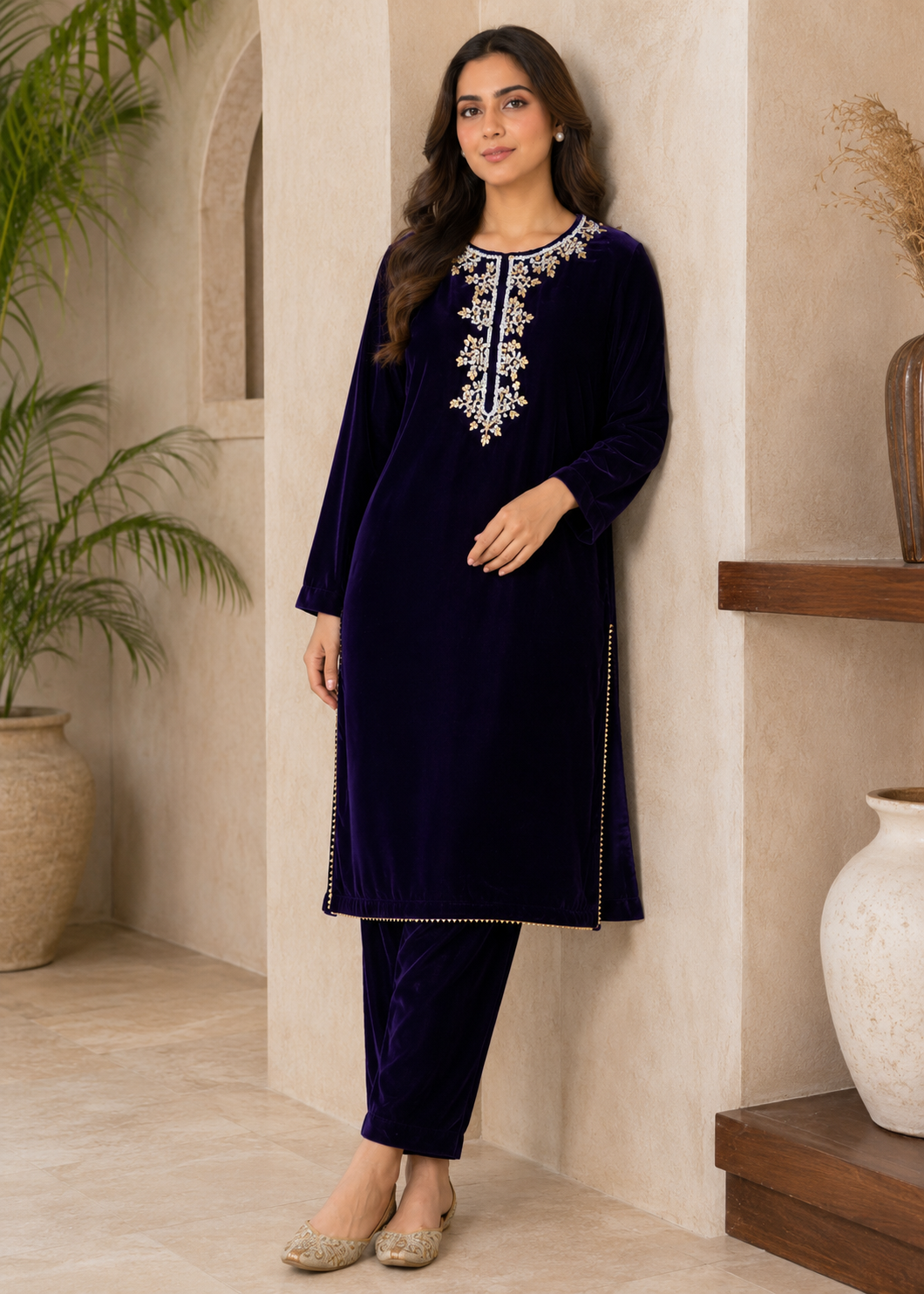 chinese micro velvet 9000 Kurta Set in Navy blue
