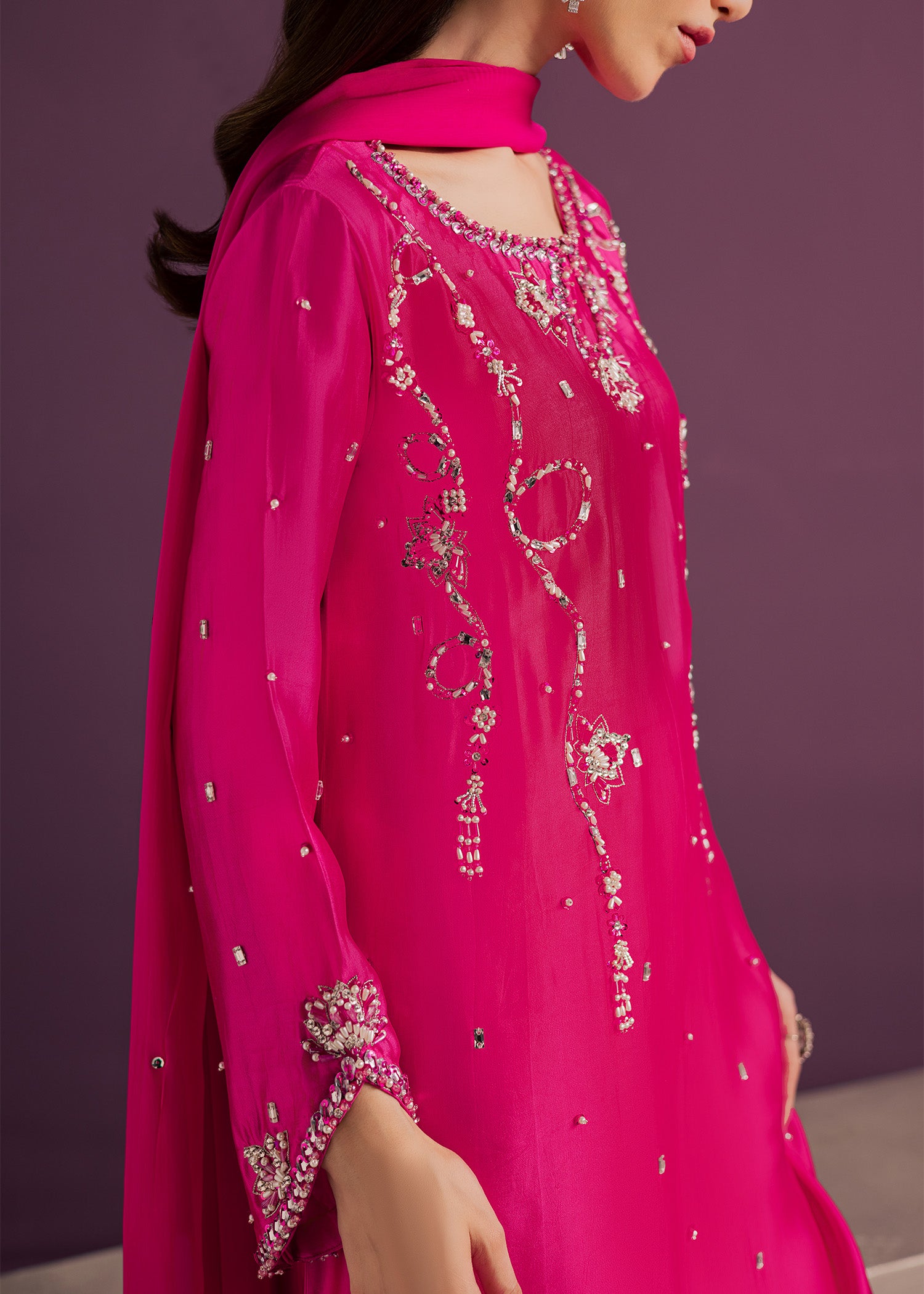 tussar silk Kaftan in Hot pink