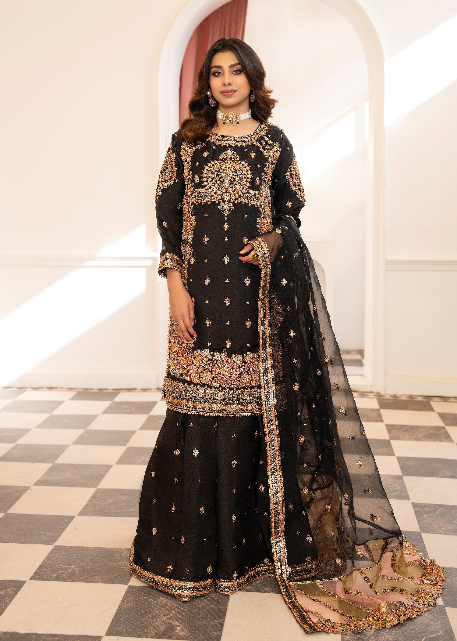 polyester-silk blend Sharara in Jet black
