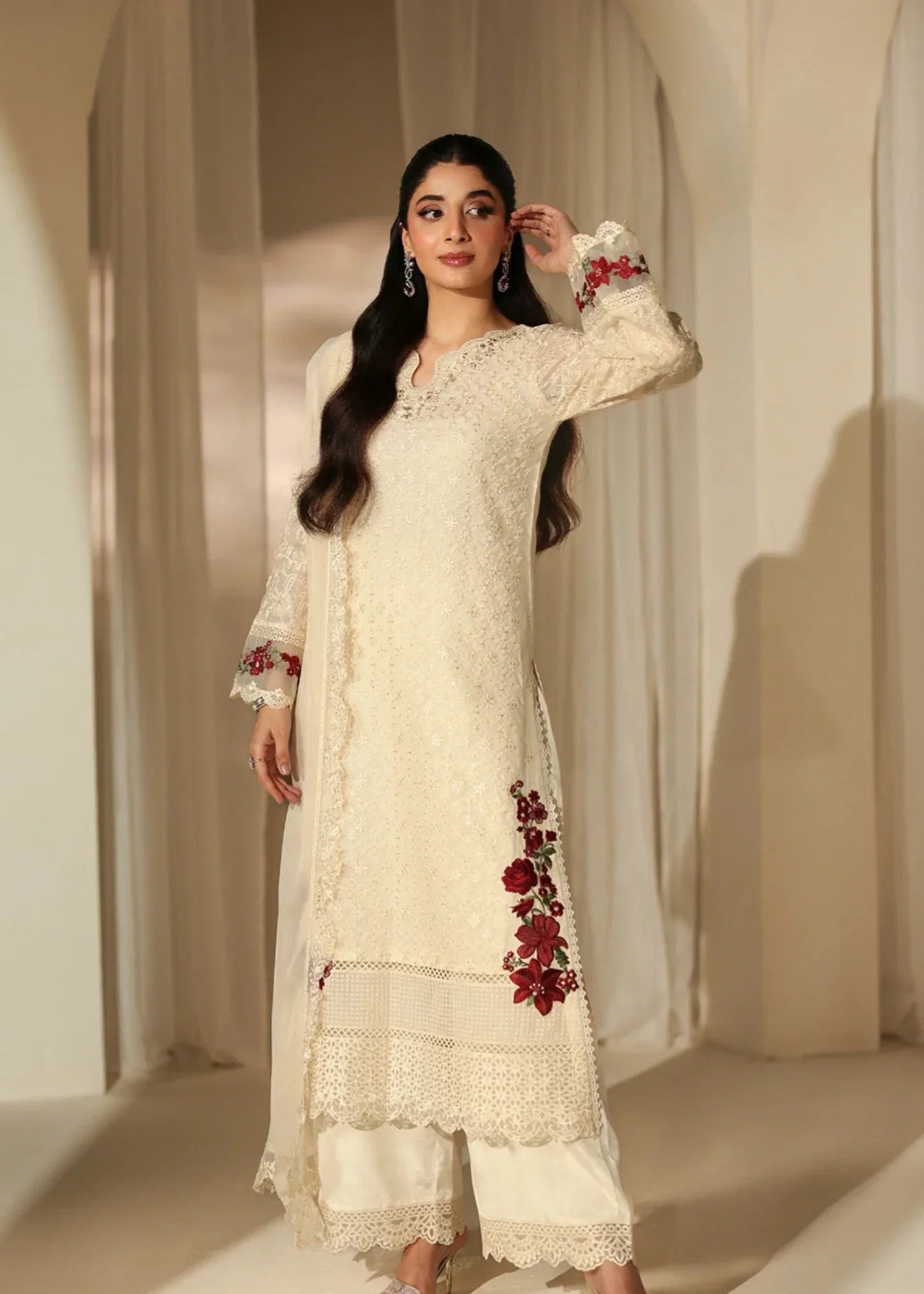 khaddi net Kurta Set in Ivory