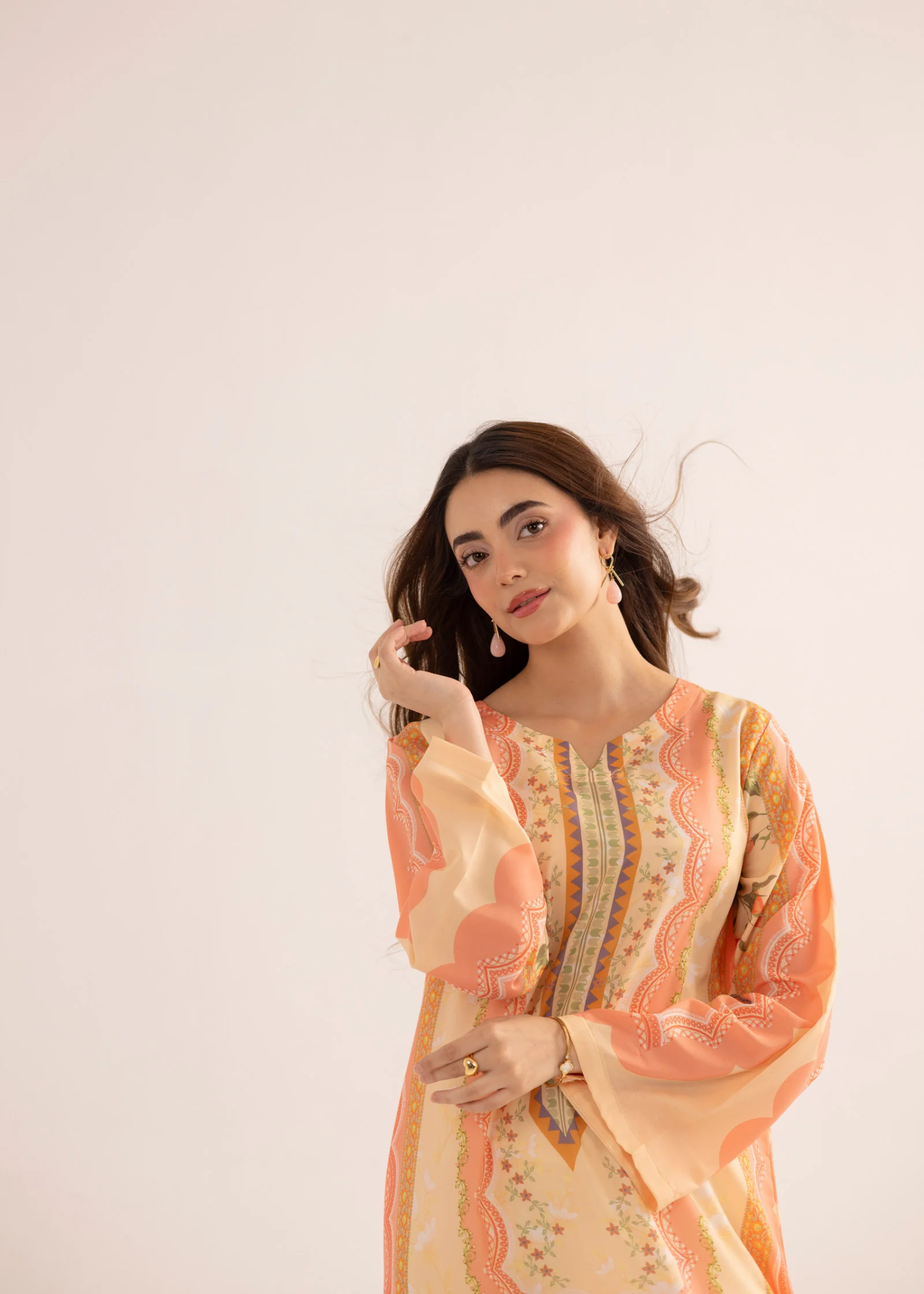 silk finish lawn Kaftan in Pink, peach orange