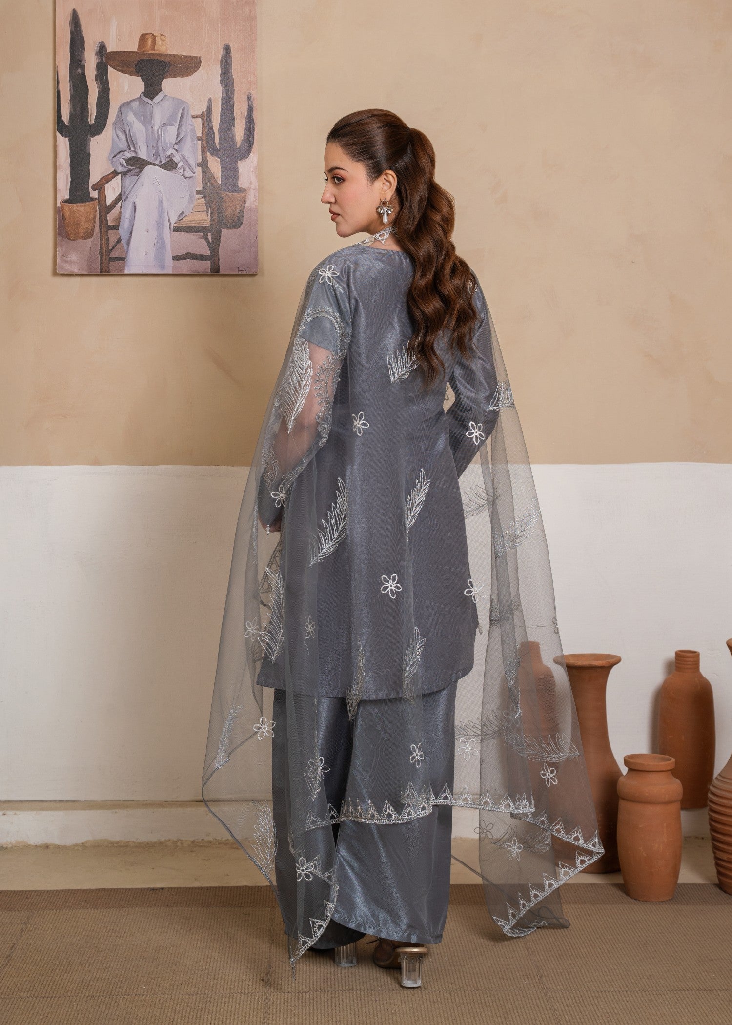 raw silk Short Frock in Slate grey