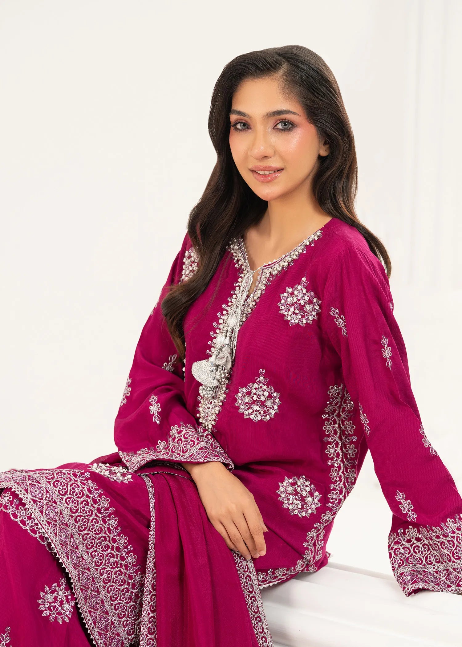 silk Kurta Set in Deep pink