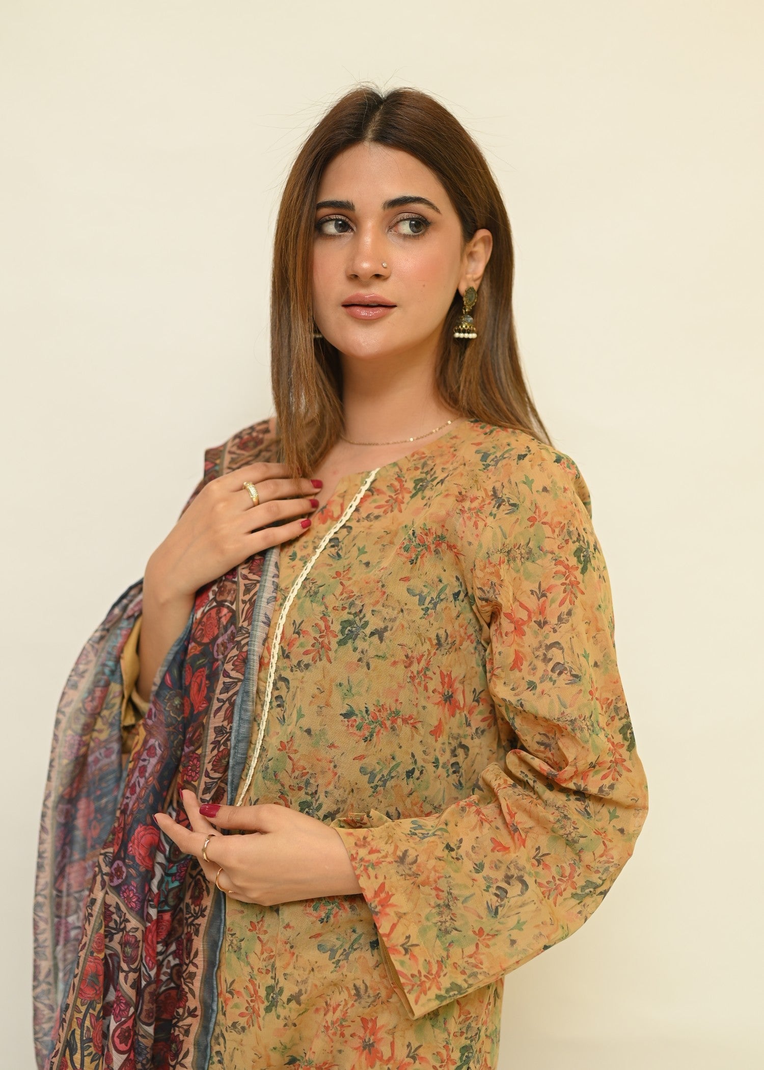 swiss lawn Kurta Set in Camel brown