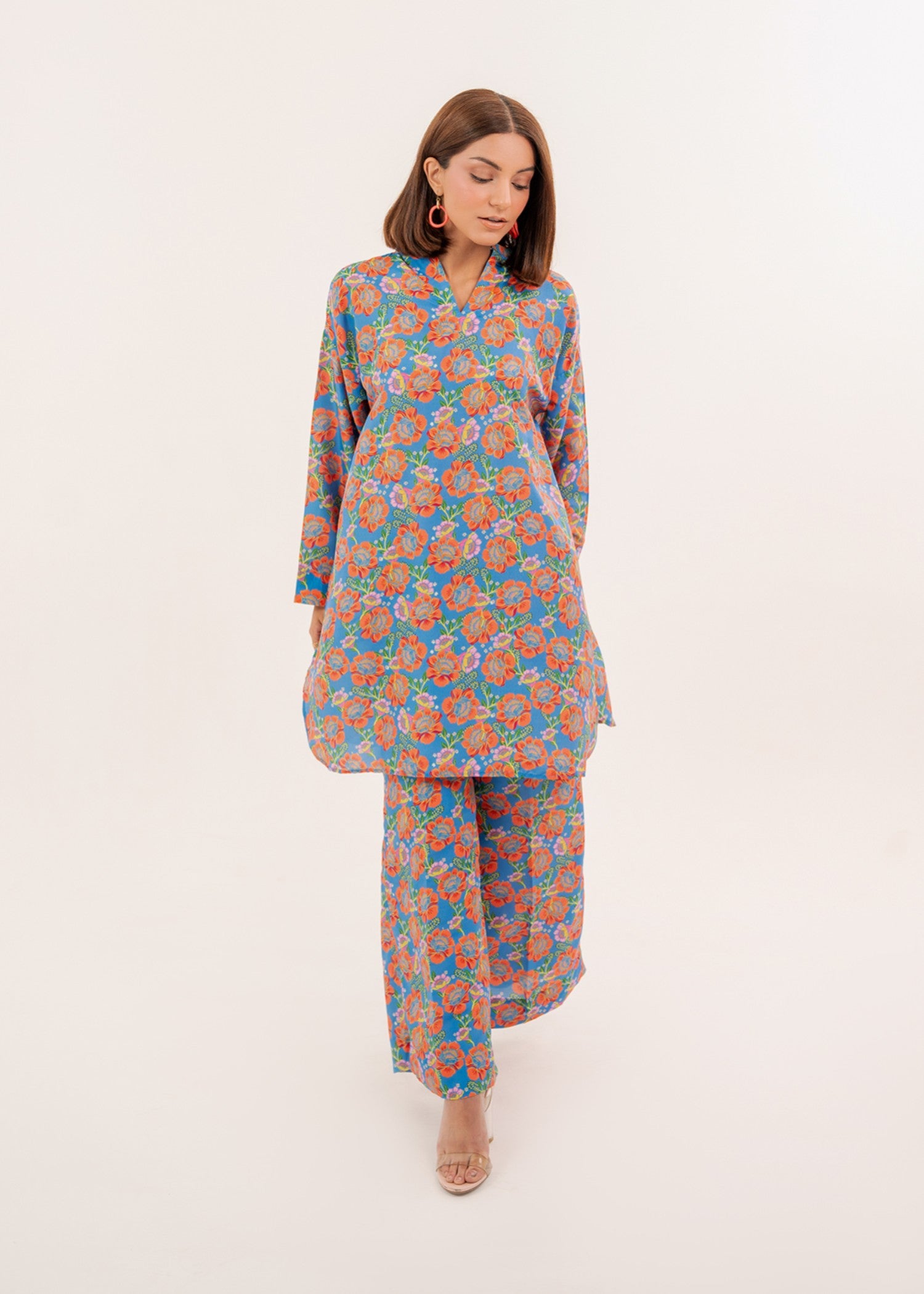 silk finish lawn Co Ord Sets in Blue