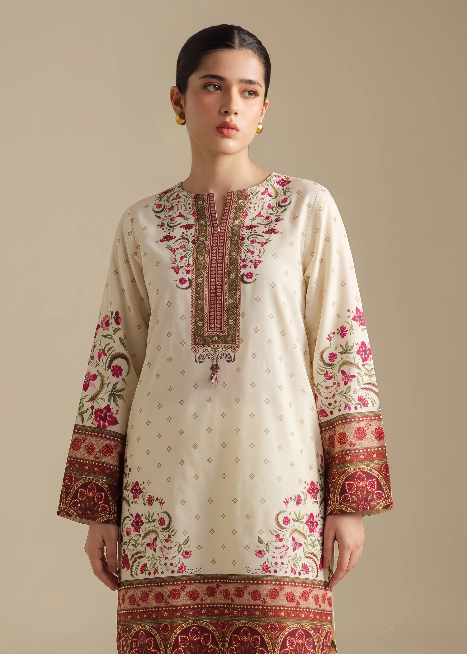 lawn cotton Kurta Set in Cream