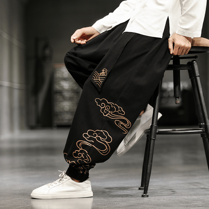 New Chinese Style Men'S Trousers Printed Loose Wide-Leg Trousers plus Size
