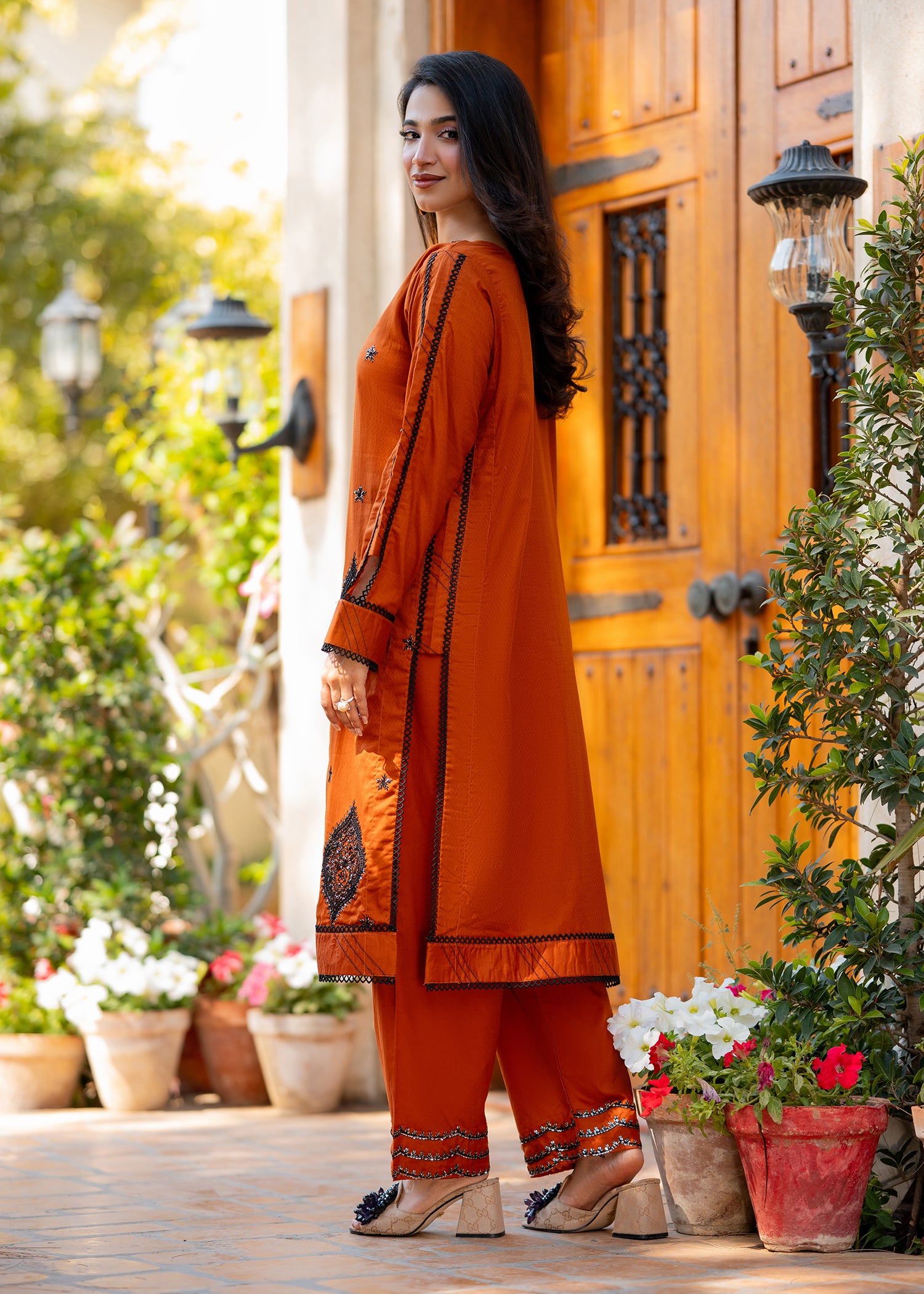 jacquard Kurta Set in Yellow-orange
