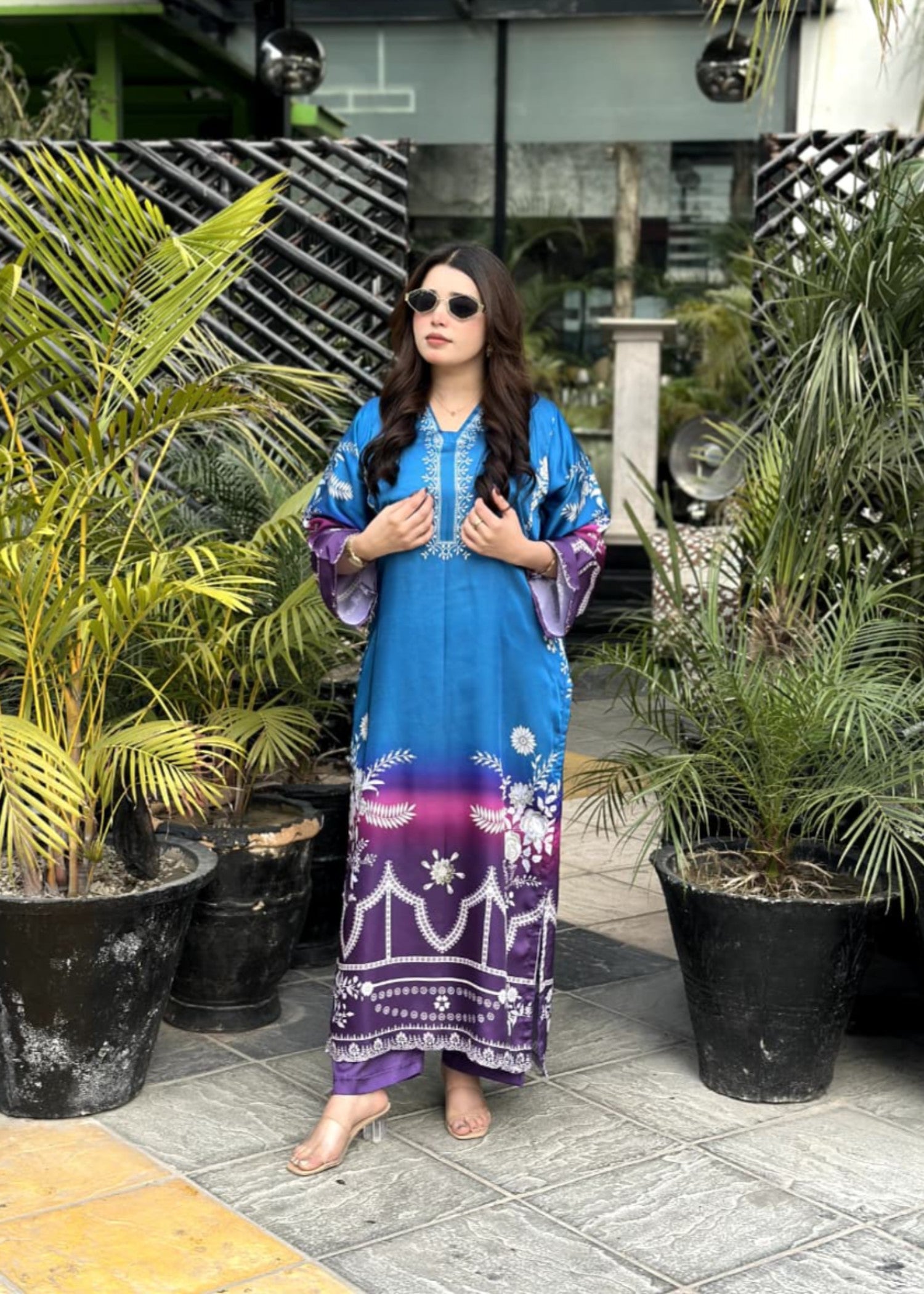 poly lawn Kurta Set in Sapphire blue