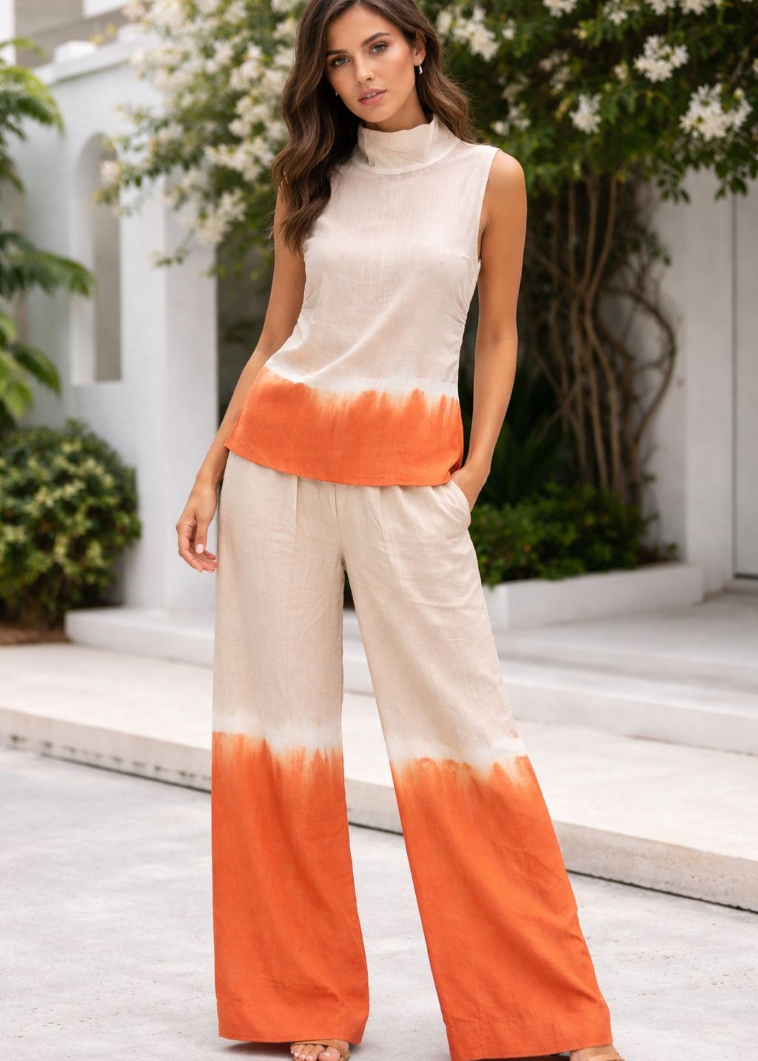 cotton Co ord Sets in Pumpkin orange, beige