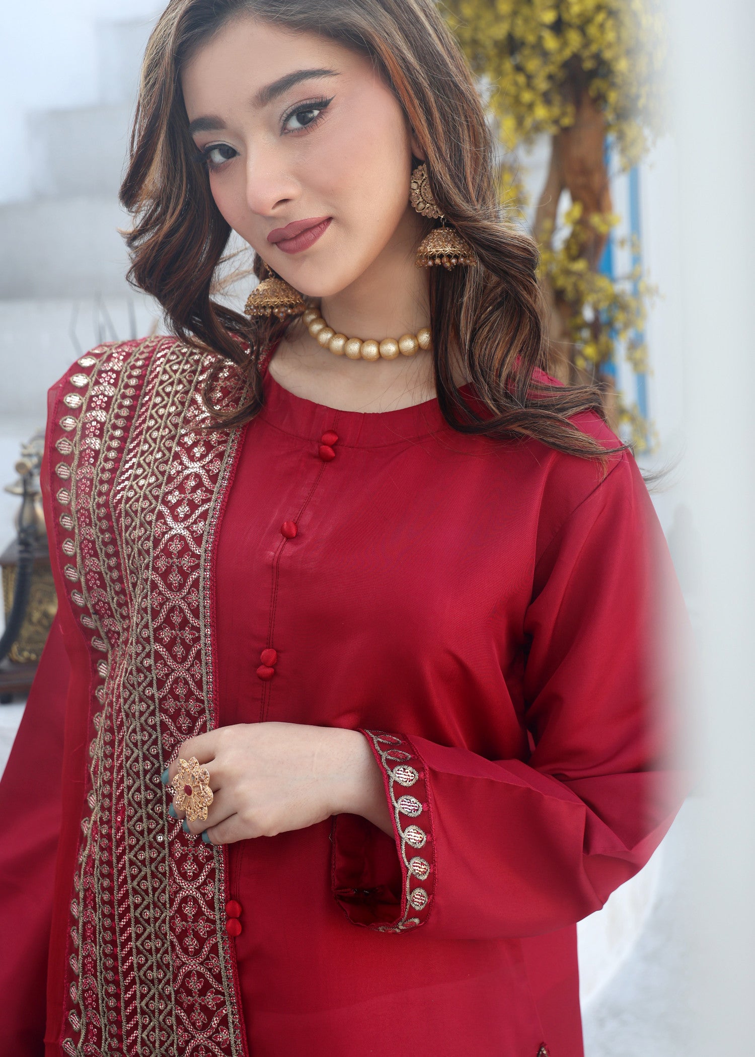 polyester-silk blend Kurta Set in Maroon