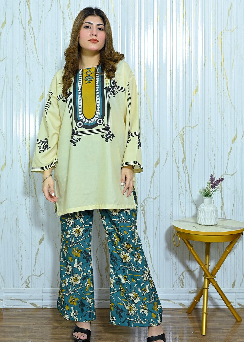 crepe Kurta Set in Yellow