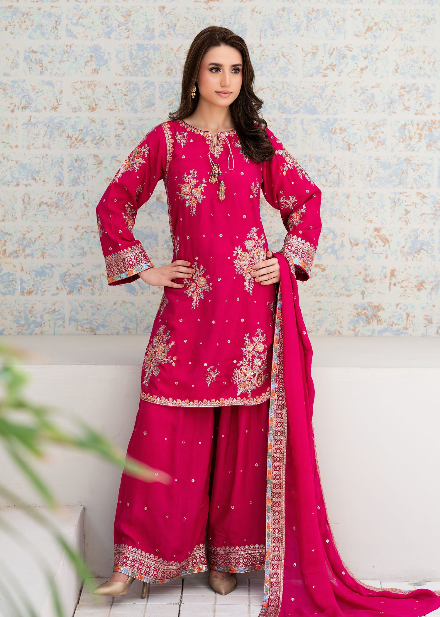 silk Kurta Set in Shocking pink
