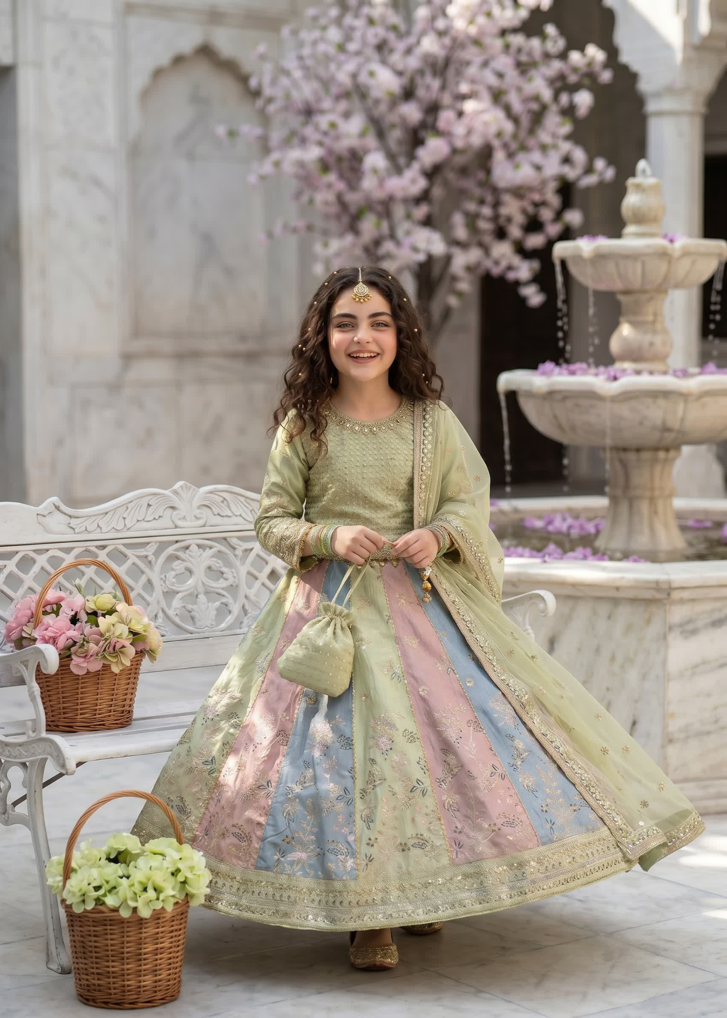 raw silk Lehenga in Multi, pistachio green