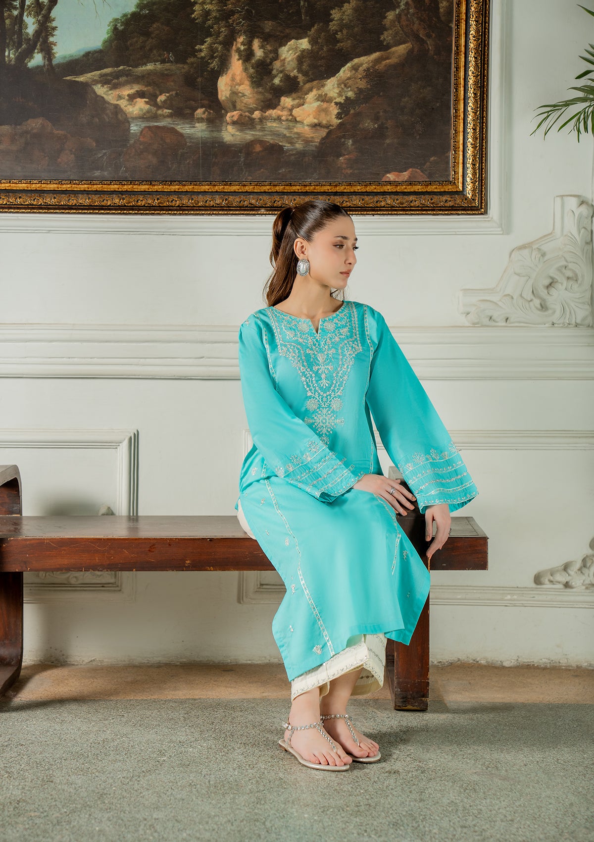 cotton Kurta Set in Turquoise