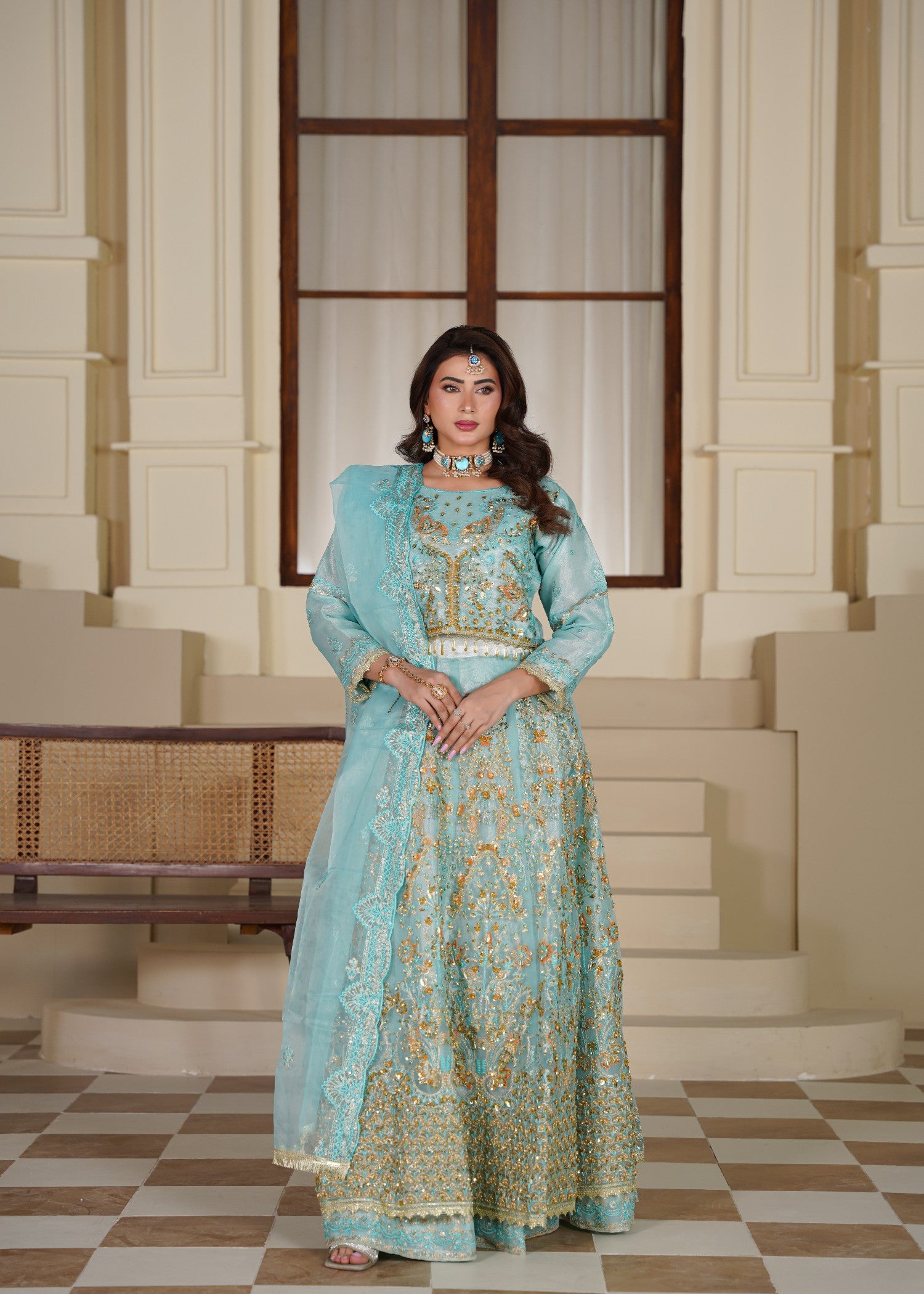organza Lehenga in Turquoise, gold