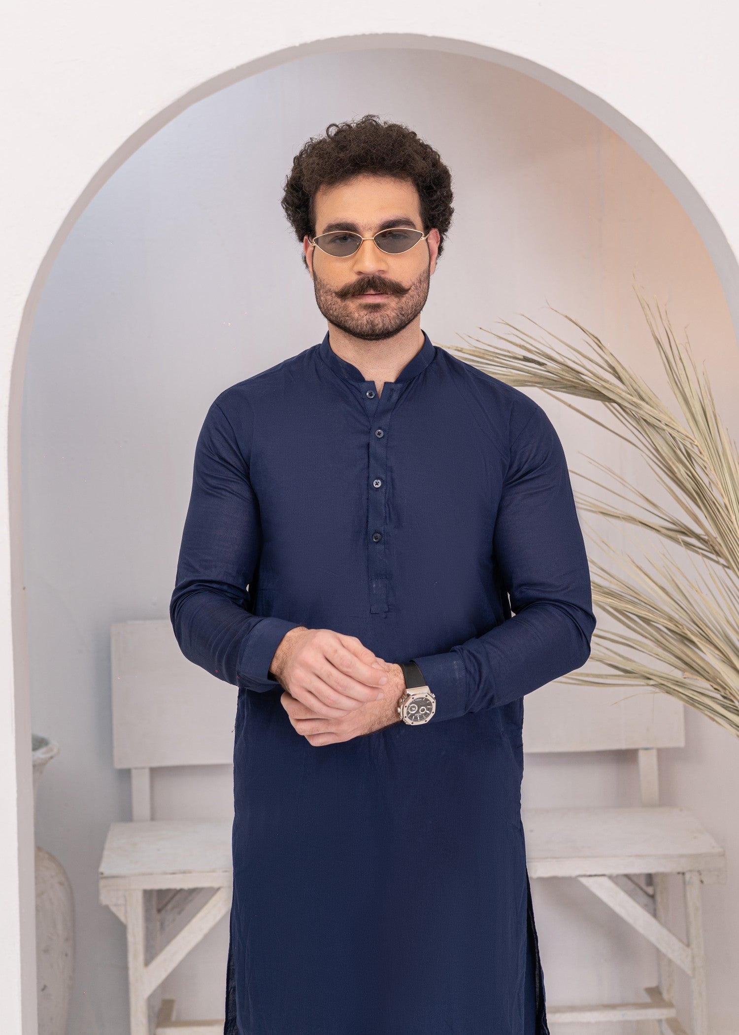 cotton Shalwar Kameez in Navy blue by Hassan Jee Men