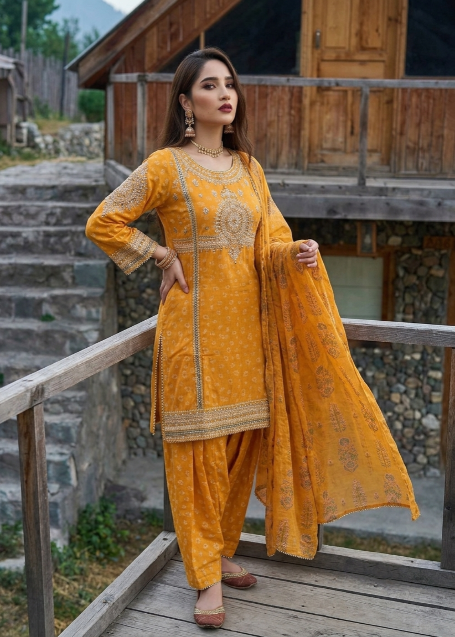 jacquard Kurta Set in Mustard