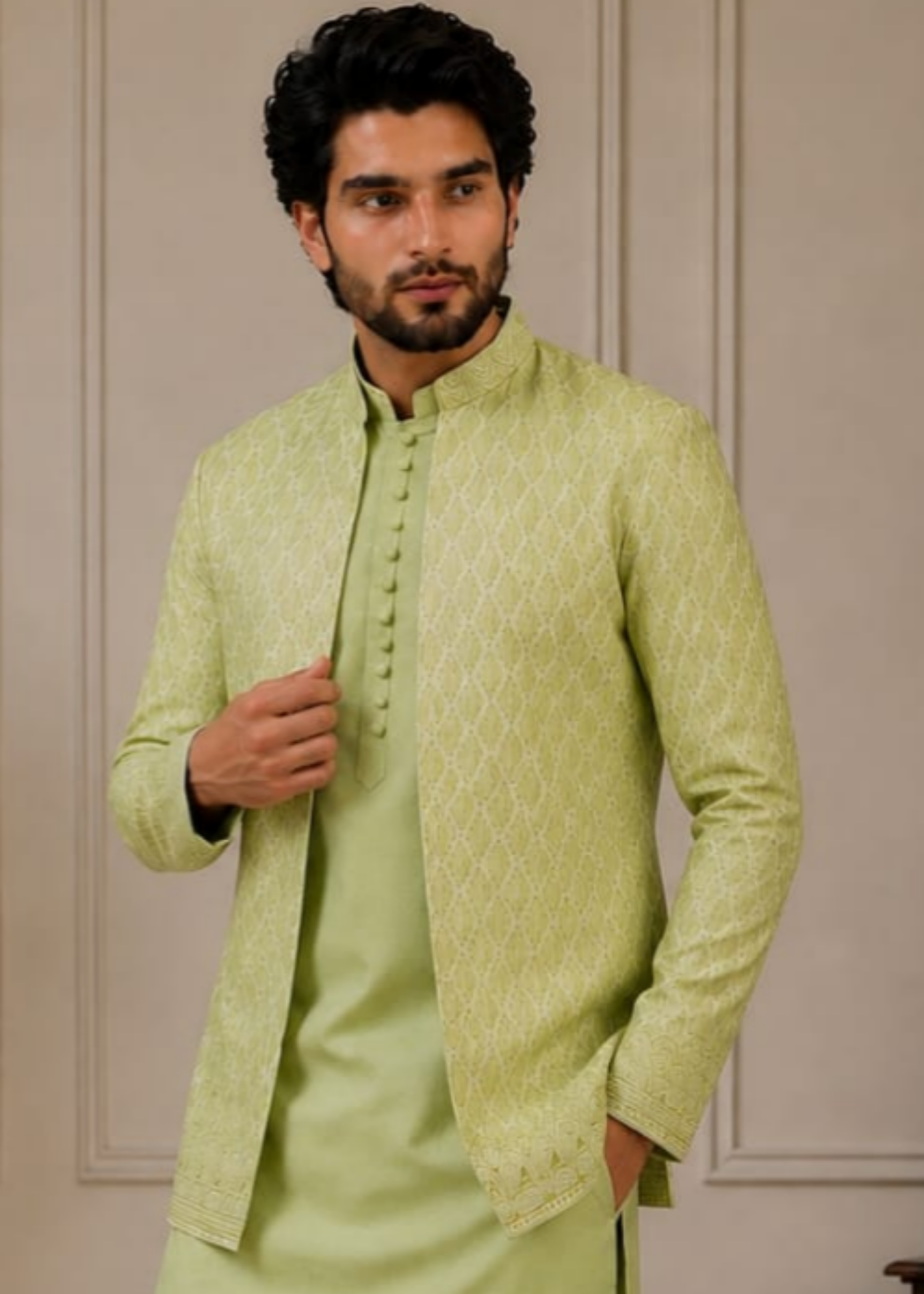 raw silk Prince Coat in Pistachio green