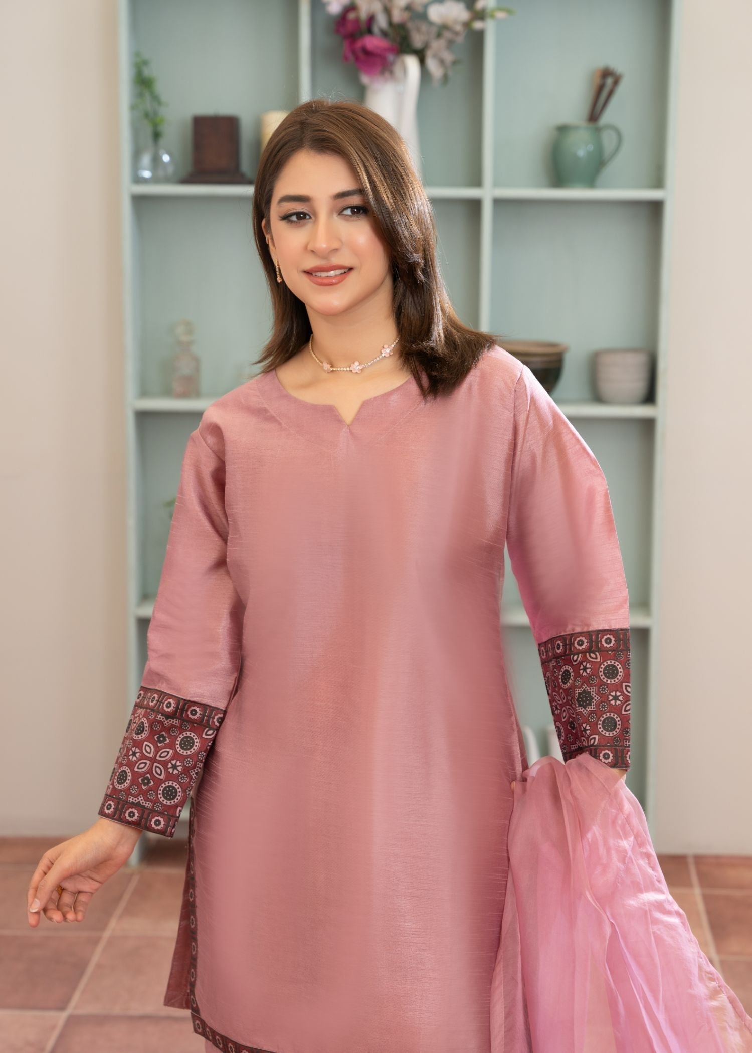 indian raw silk Kurta Set in Peach pink