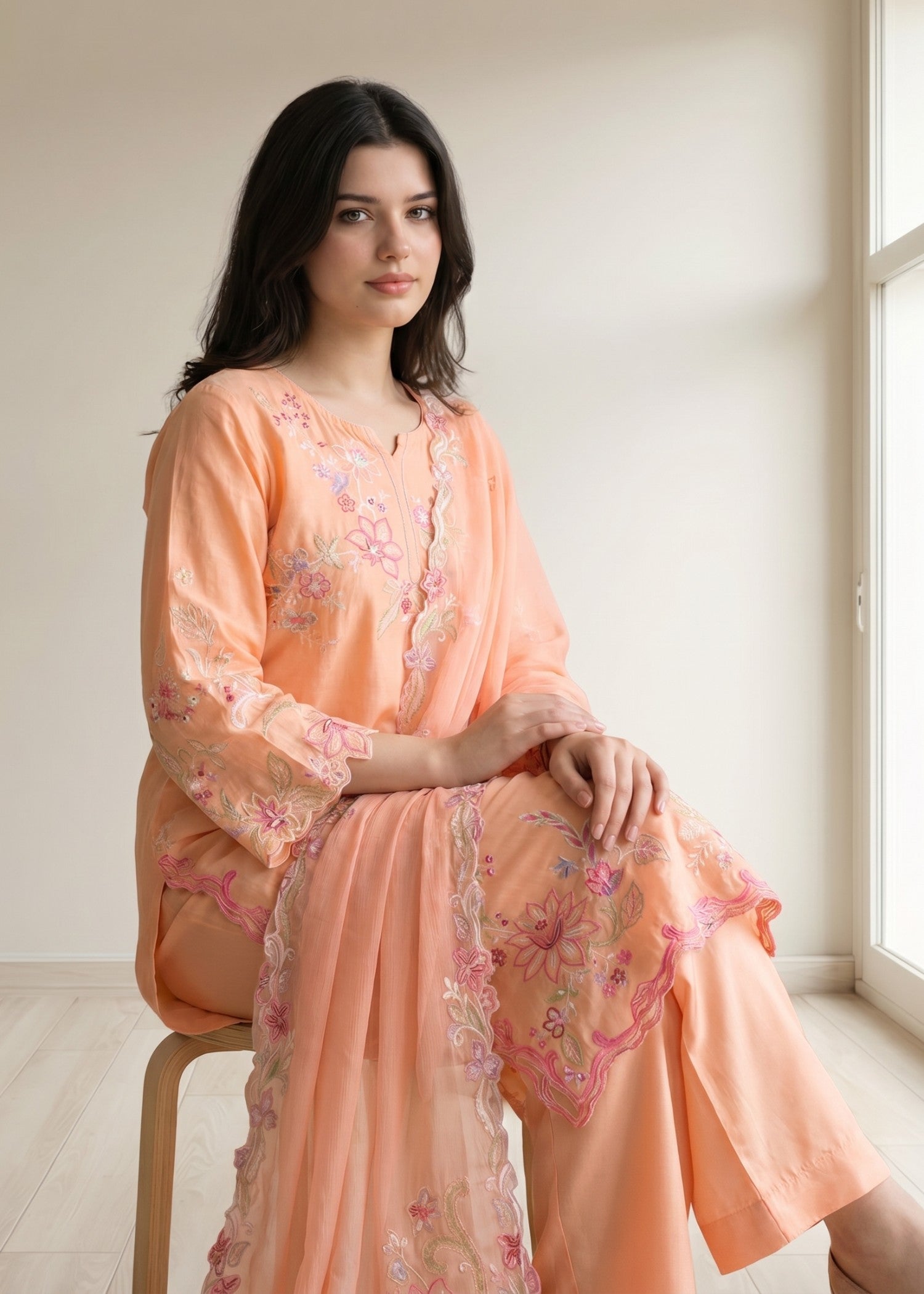 lawn cotton Kurta Set in Peach pink