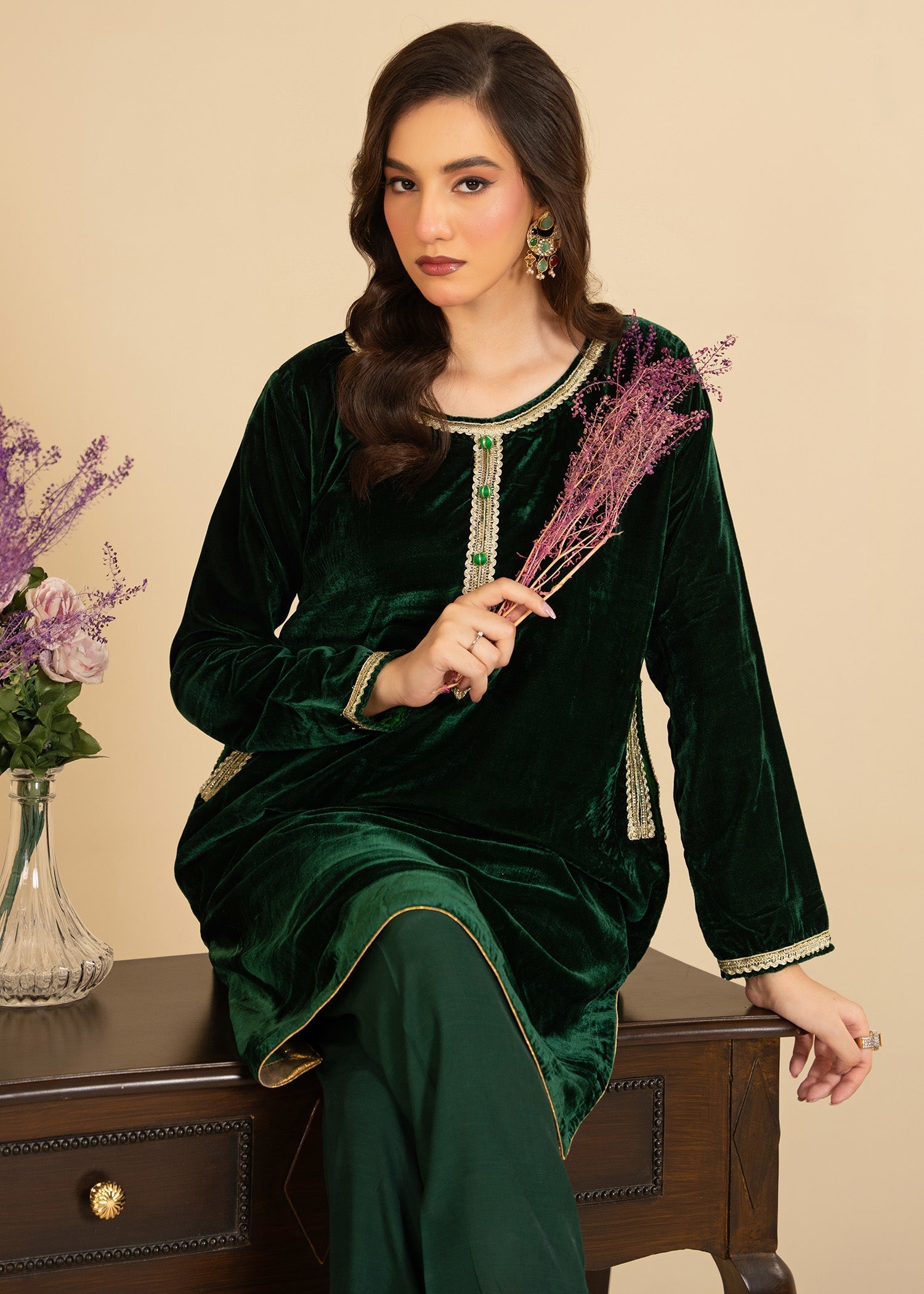 velvet Kurta Set in Dark green