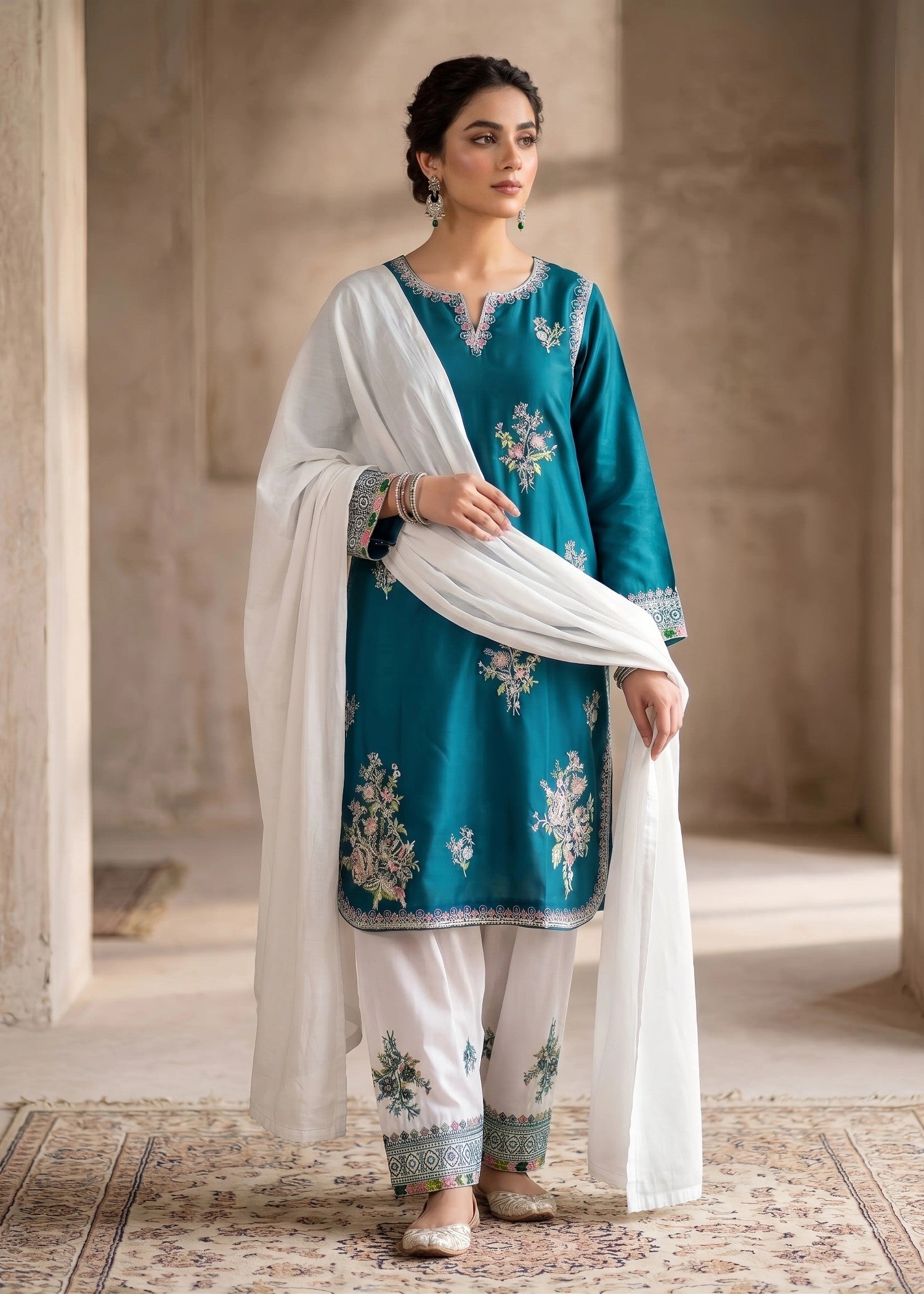 lawn cotton Kurta Set in White, teal