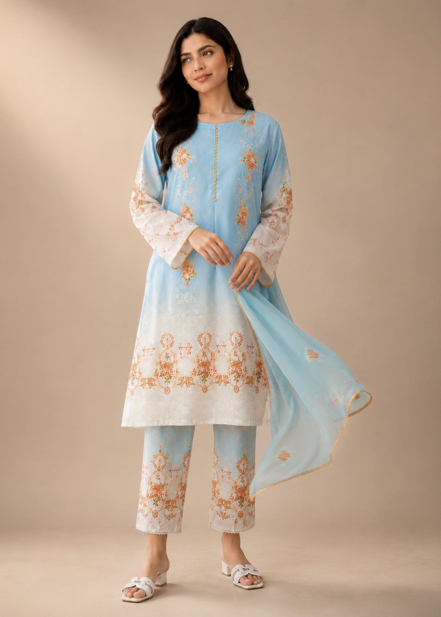 poly lawn Co Ord Sets in Cream, tangerine, sky blue