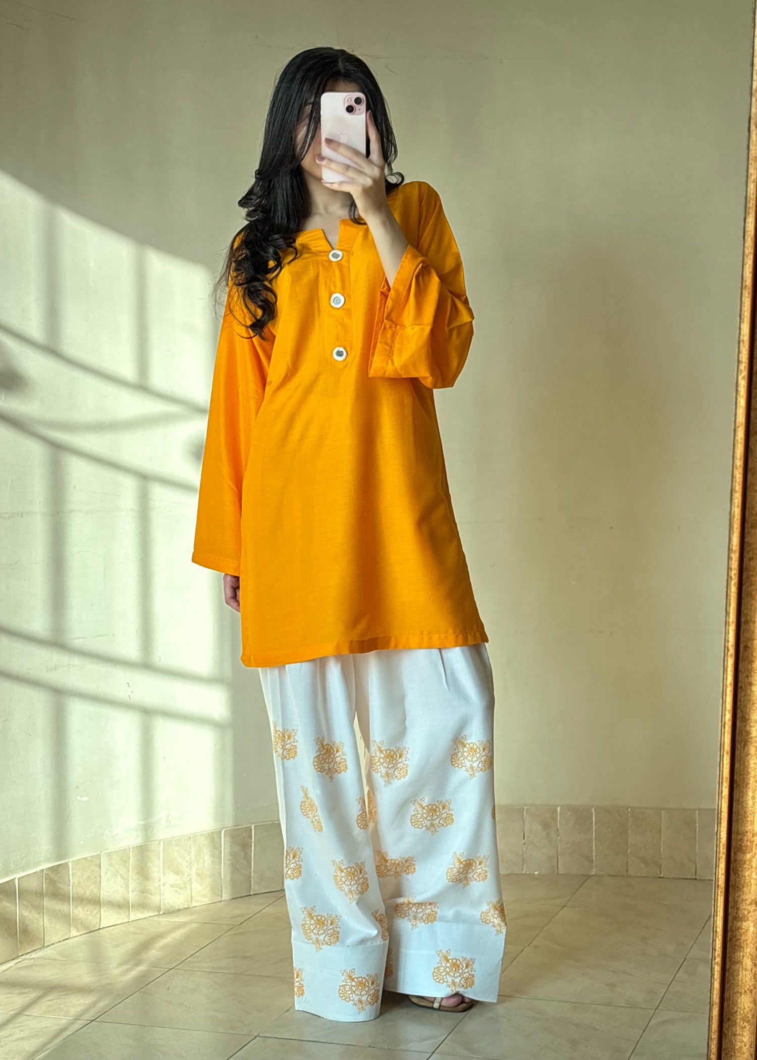 linen Kurta Set in Yellow, white