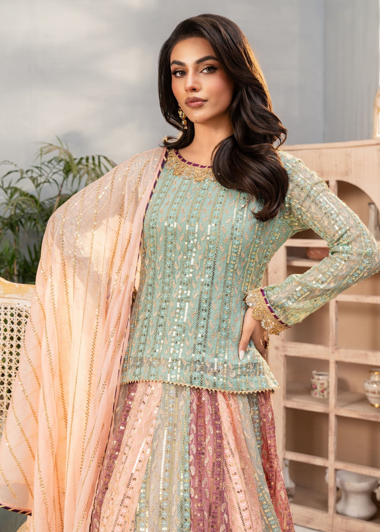 chiffon Lehenga in Multi