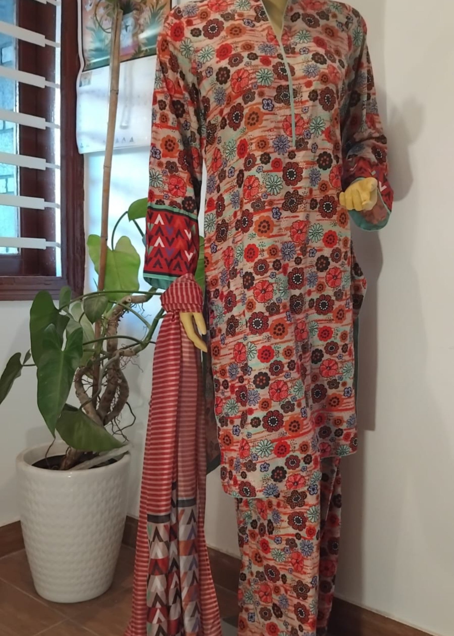 arabic lawn Unstitched in Peach pink, caramel brown