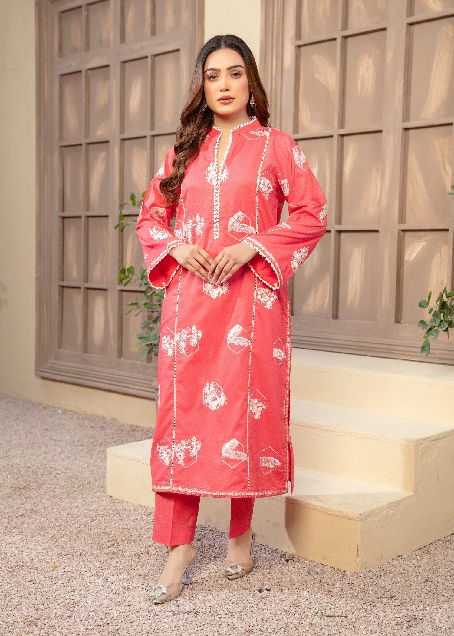 slub lawn Kurta Set in Coral pink