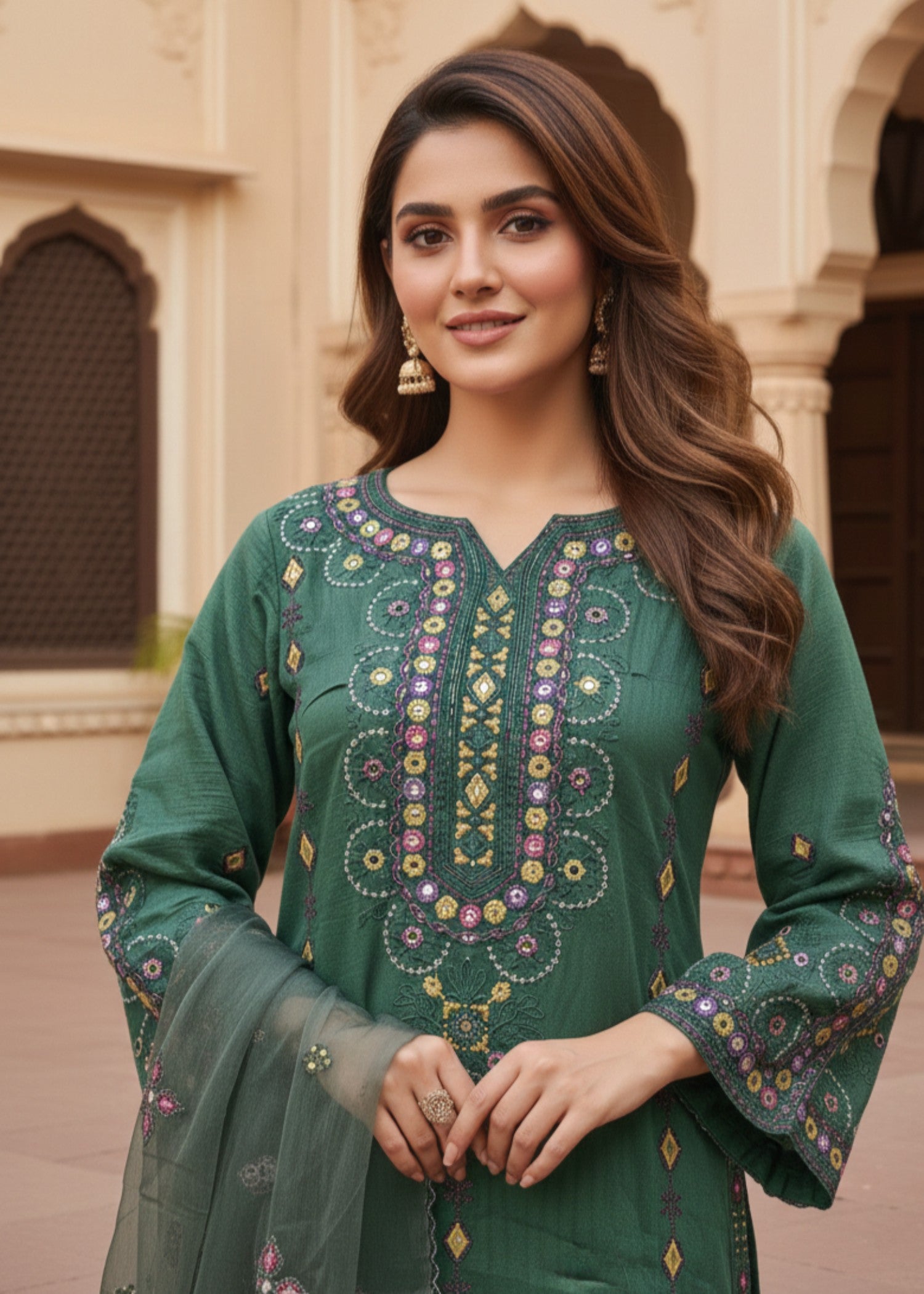 organza net Kurta Set in Pine green