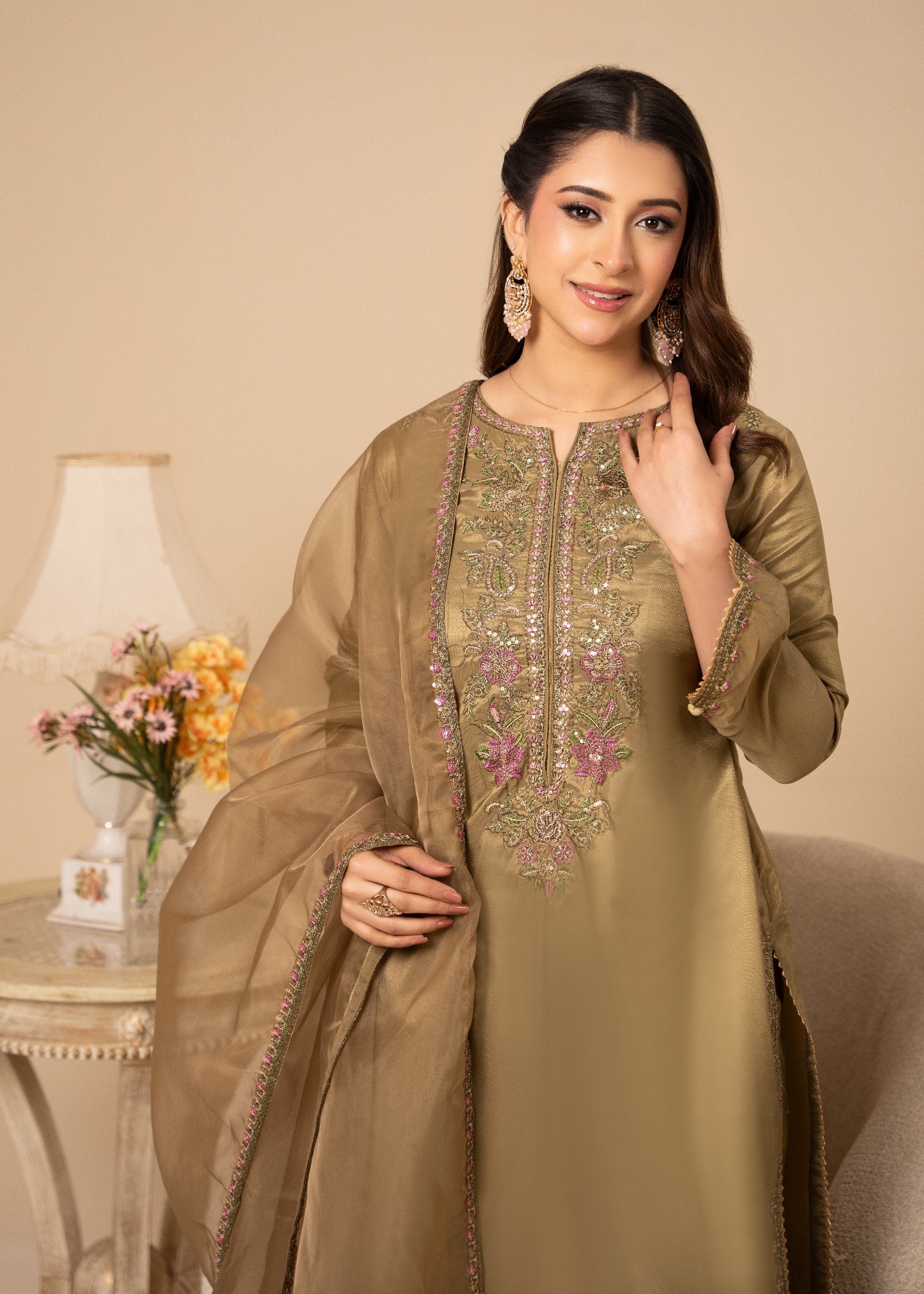 silk Kurta Set in Tan brown